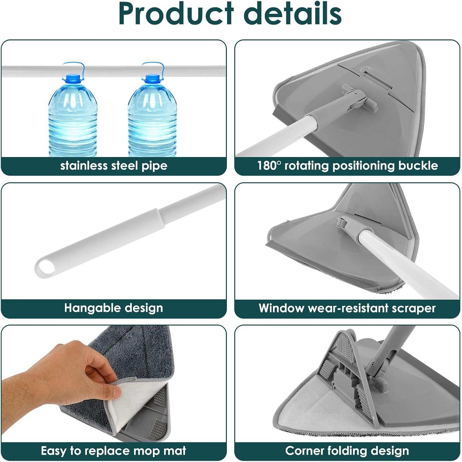 Detailed features of the ZLHETWT Wall Cleaner Triangle Mop, including stainless steel pipe, 180-degree rotating buckle, hangable design, wear-resistant scraper, easy mop mat replacement, and corner folding design.
