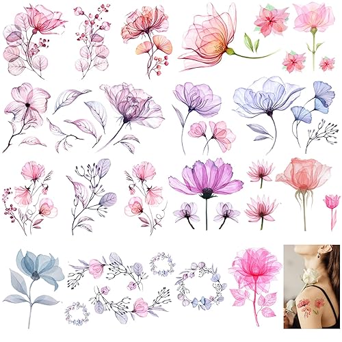 Miniatura 1 de Casciybo Tatuajes temporales de flores para mujeres y niñas 10 hojas de calcomanías de tatuaje de lirio de rosas de acuarela falsa arte impermeable