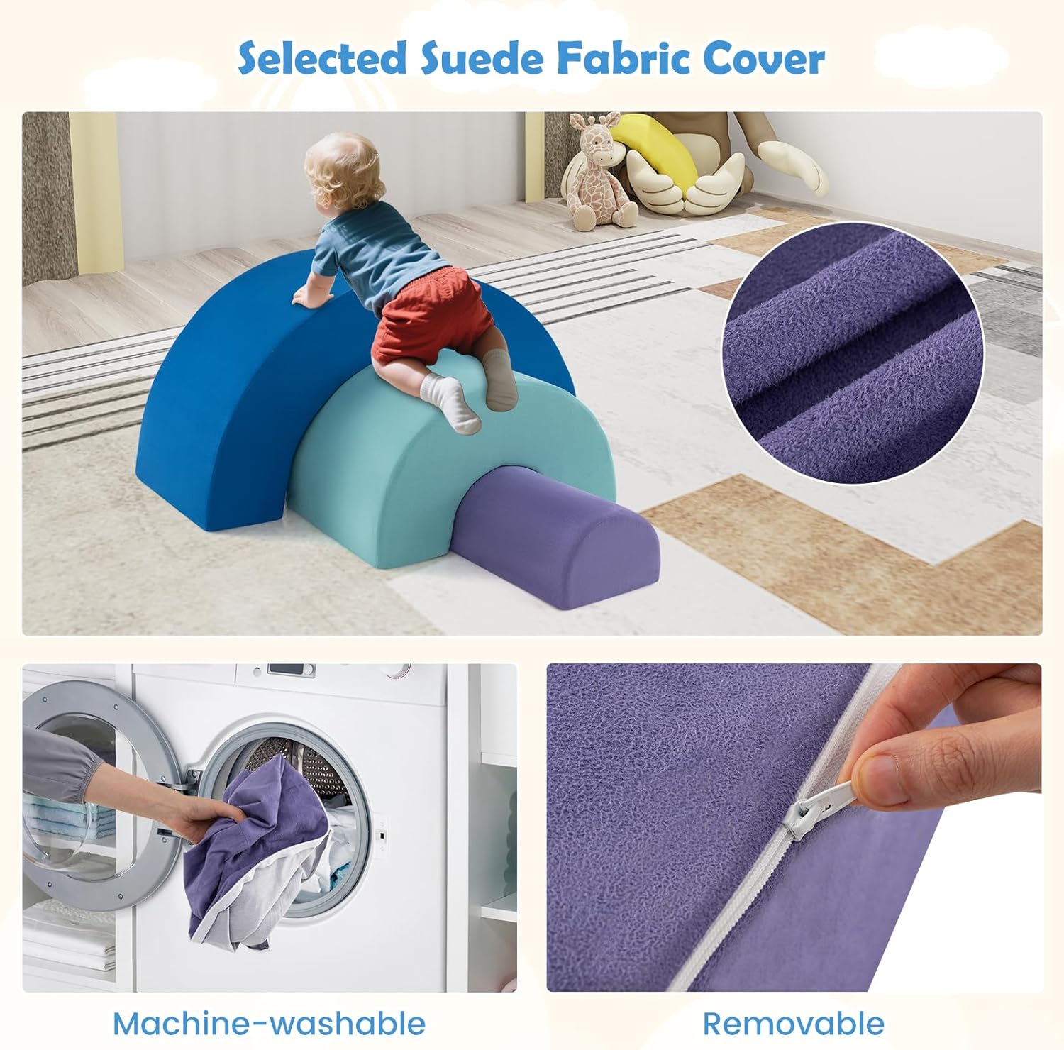 Costzon Rainbow Toddler Climbing Toys Indoor, 3 Pieces Soft Foam Blocks w/Skin-Friendly Suede Fabric Cover, Elastic Sponge Fillings & Smooth Zippers for Crawling Playing, Climbing Blocks for Kids 3+