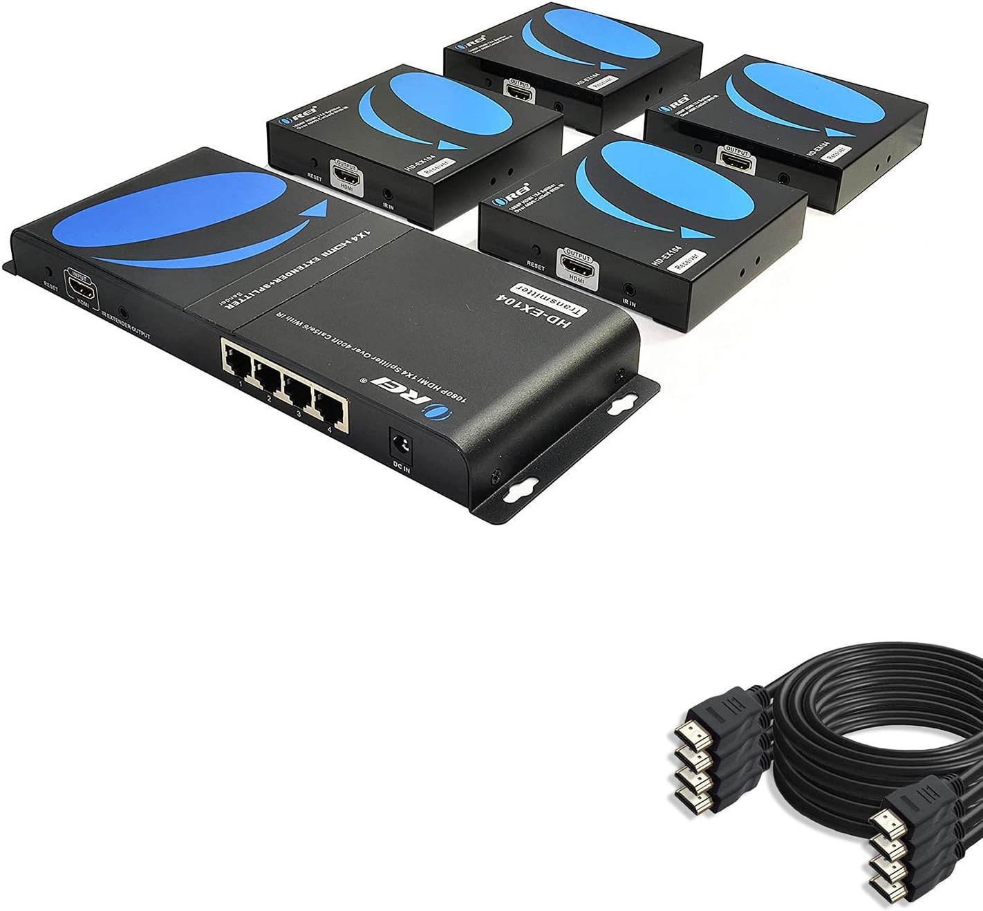 OREI Full HD HDMI Extender Splitter Over Single Cat6/7 with 4-Pack 6ft HDMI Cable - with IR Remote, EDID Management up to 400 Ft