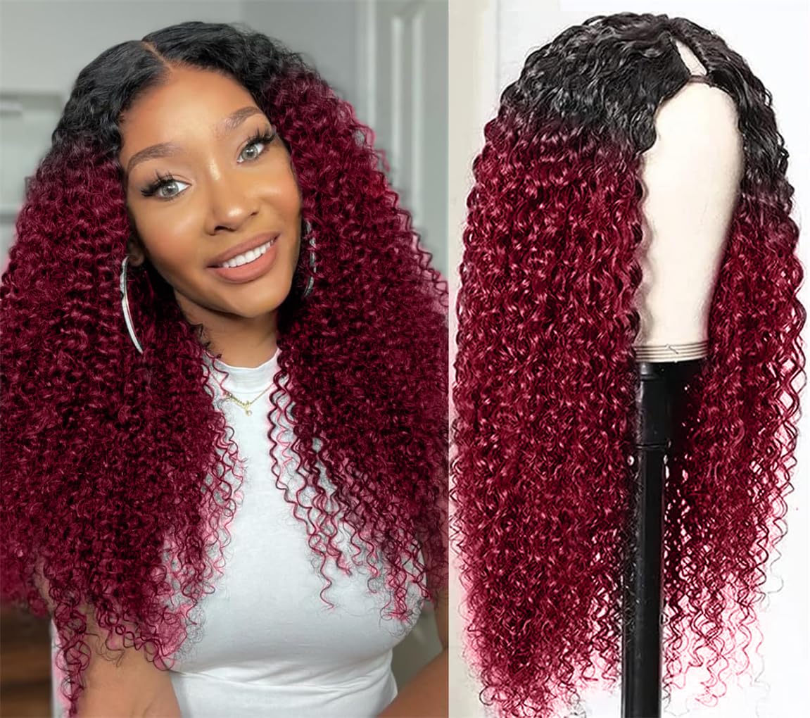 Black Root Burgundy Curly V Part Wigs - Human Hair Upgrade U Part Wigs - 18Inch, 1B/99j, 18 Inch