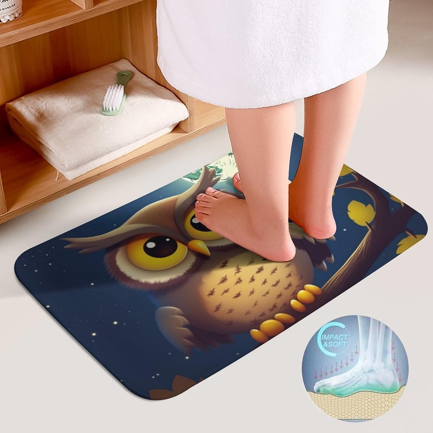 Anti-Skid Floor Mats 3 Piece Set,Owl and Yellow Moon Printed Coral Fleece Bathroom Mats U-Shaped Contour Mat Toilet Seat Cover for Bathroom, Tub, Shower, Kitchen 19.7"x31.5"