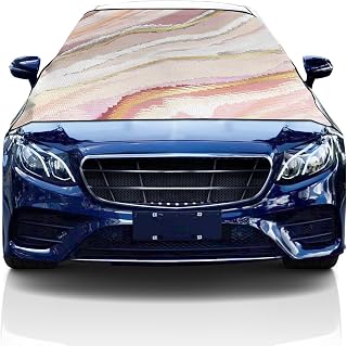 Windshield Cover for Ice and Snow, Car Windshield Snow Cover, Waterproof Snow Protector Covers with Side Mirrors Cover,Gradient Marble Line Texture Pink White Car Window Covers for Vans Suvs 86.6"x55"
