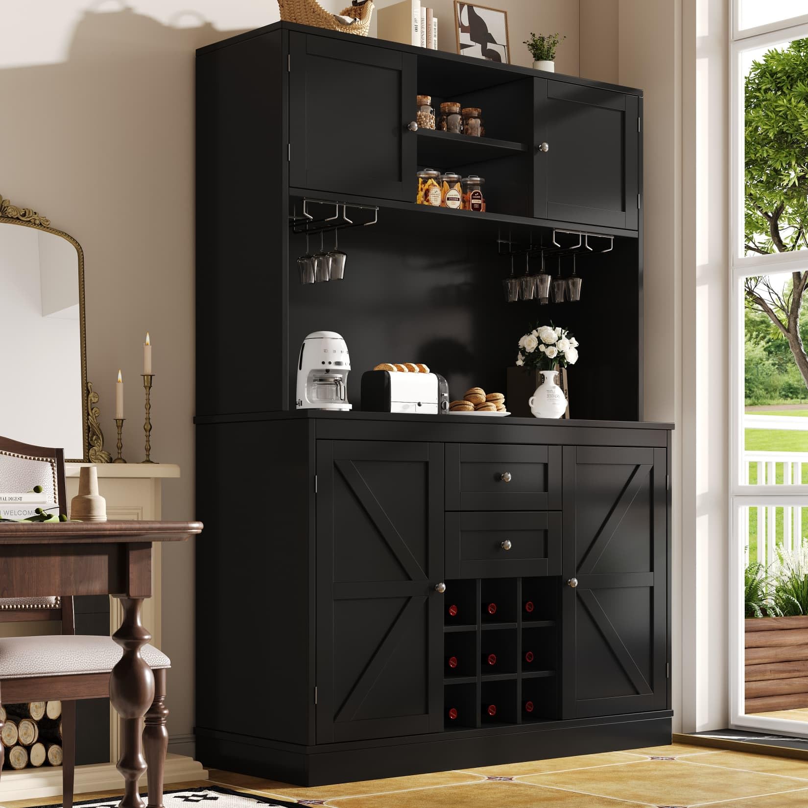 PUGSDRLY Buffet de Cuisine avec 4 Portes et 2 Tiroirs,Meuble de Rangement avec étagères réglables et casier à vin,Buffet Haut pour Cuisine,Salon et Salles à Manger,120x40x188cm (Noir)