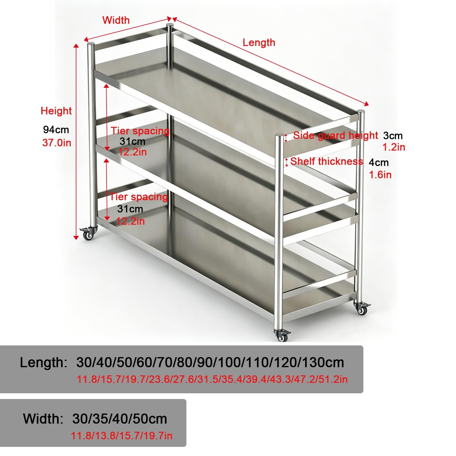 Scaffale mobile della cucina dell'acciaio inossidabile, tavolo della preparazione con le guardrail
