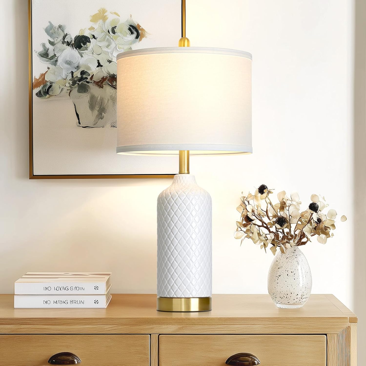 26“ White Ceramic Table Lamps for Living Room, Modern Ceramic Lamps Set of 2, Tall Bedside Lamp for Nightstand, Classic Farmhouse Bedroom Lamp for Desk Side End Table Home Decor