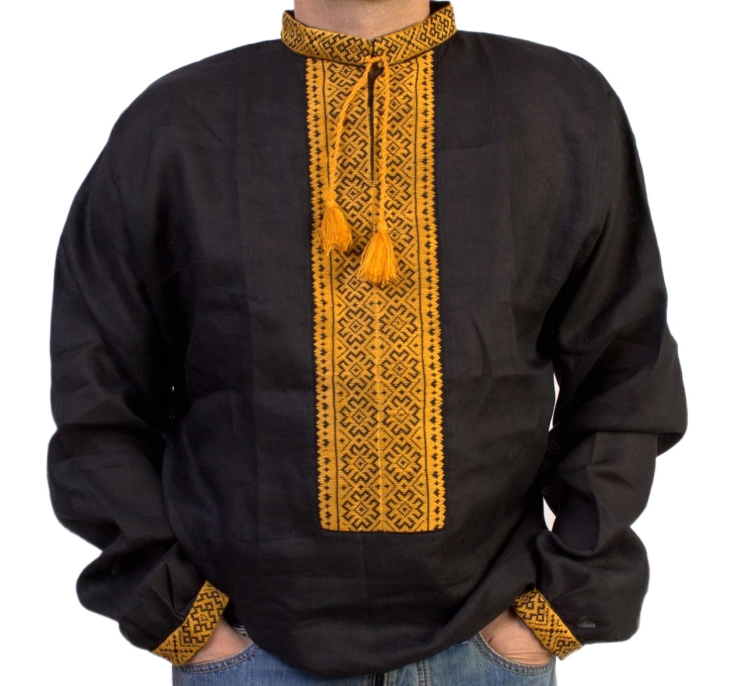 New Handmade embroidered black yellow mens linen shirt Ukrainian Vyshyvanka pattern NIZINKA size XL FATHER'S DAYSALE
