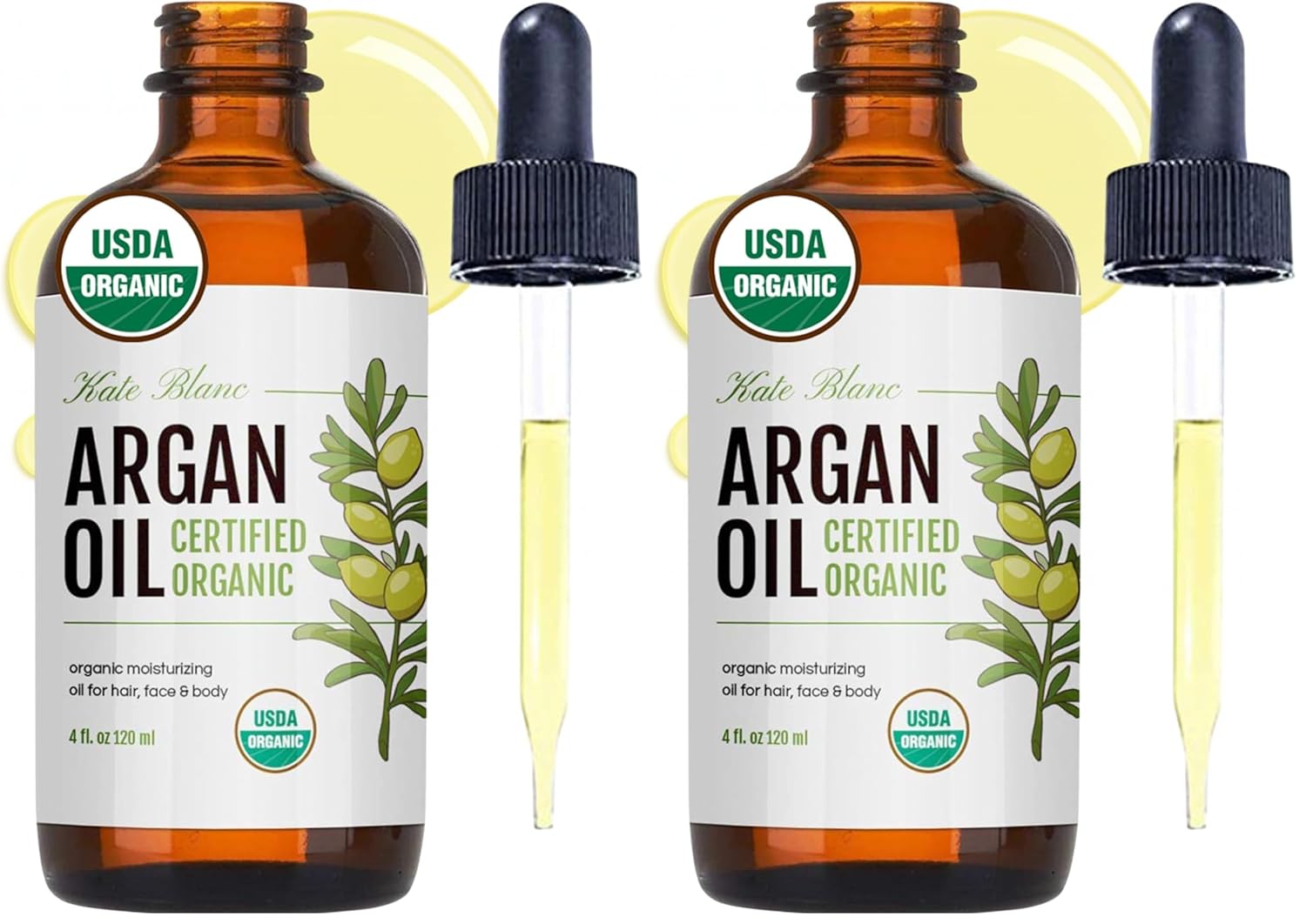 Kate Blanc Cosmetics Argan Oil for Hair, Face & Skin from Morocco (4oz, USDA Certified Organic, Cold Pressed & 100% Pure, Light) (Pack of 2)