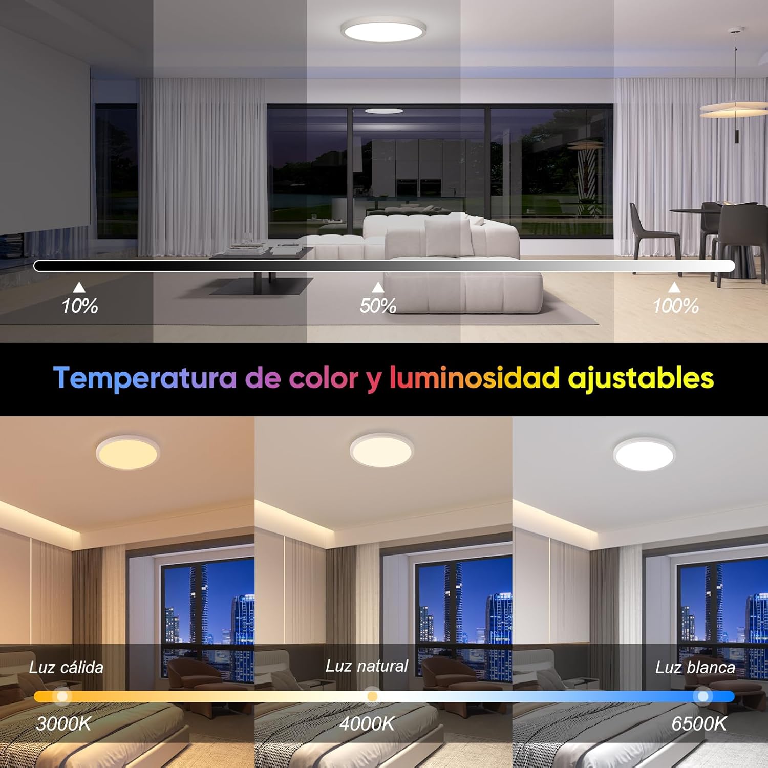 Image demonstrating adjustable brightness from 10% to 100% and color temperature from 3000K to 6500K
