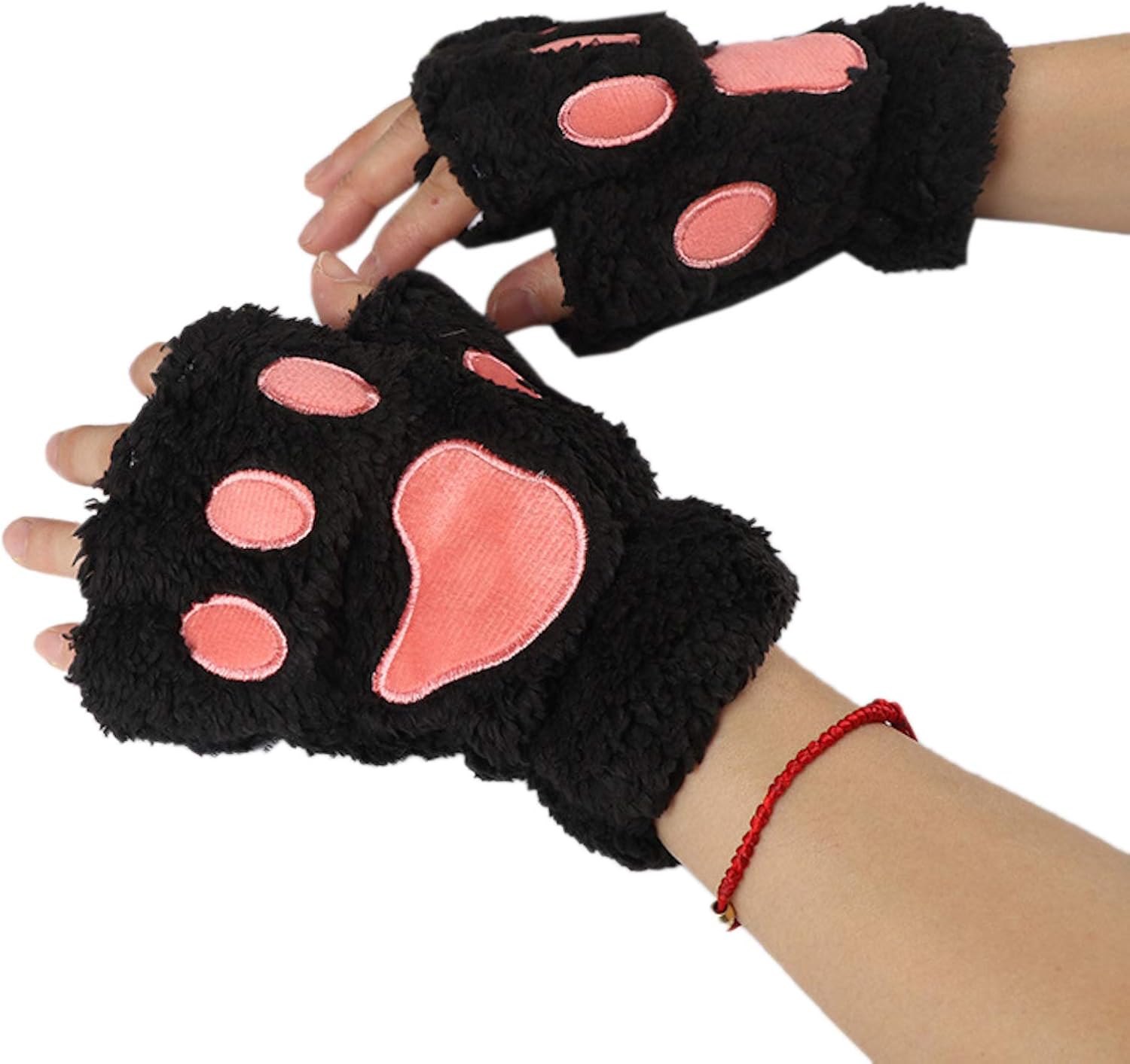WSLCN Girls Womens Cat Paw Gloves Winter Warm Fingerless Paw Mittens Half-Finger Cute Cartoon Gloves