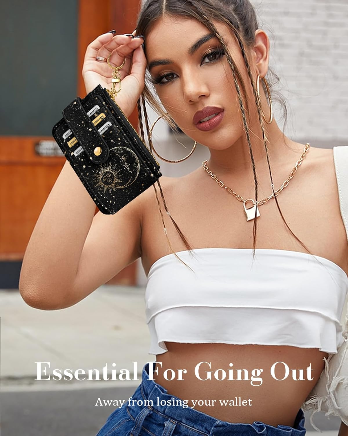 Cute Card Wallet Women with AirTag Holder - Sun Moon Genuine Leather Small Wallets with Keychain RFID Credit Cardholder Air Tag Aesthetic Coin Purse for Female Ladies Teen Girls - Image 6