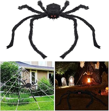 Halloween Decorations Outdoor Giant Spider with LED Eyes Plush Toy Hairy Spider for Halloween Party Stretched Length 3.3 FT Red Light