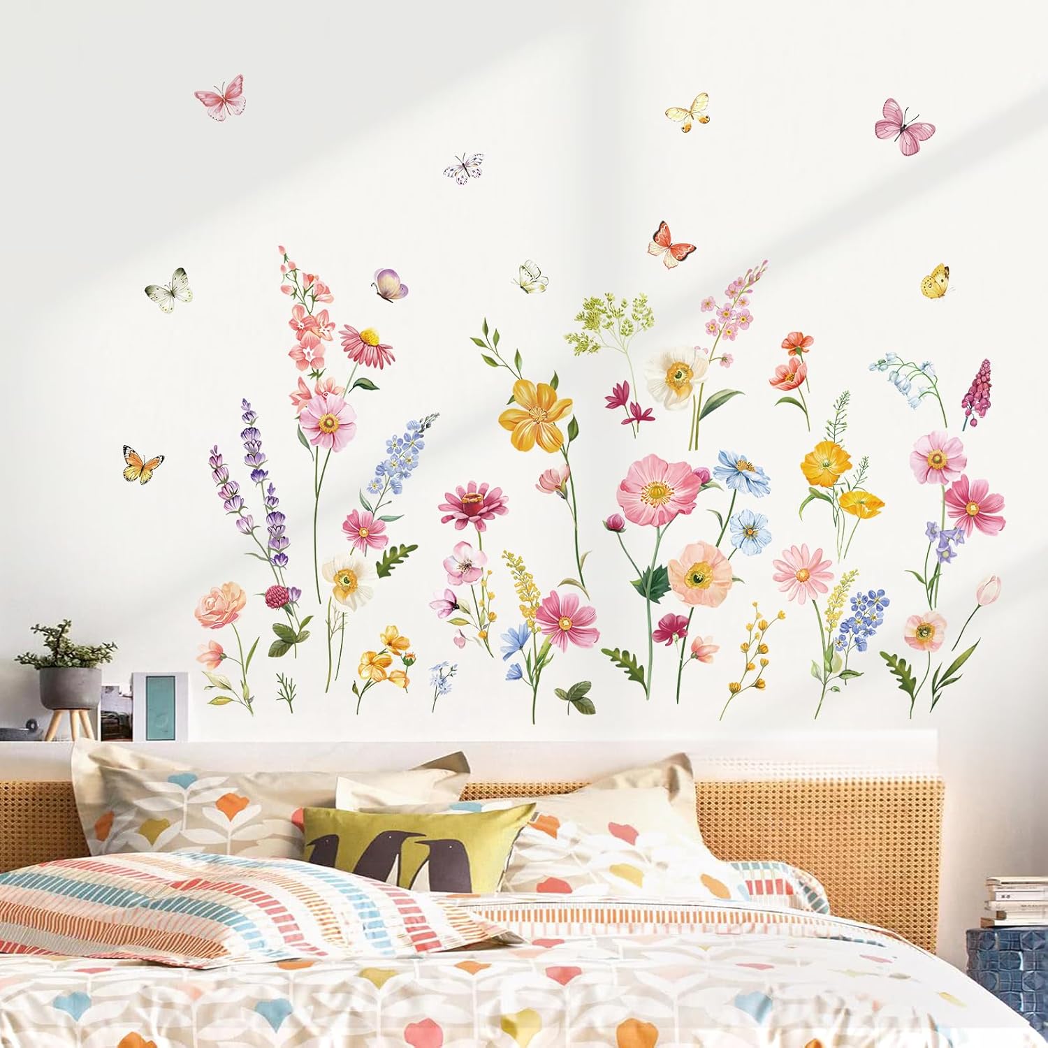 decalmile Flower Wall Decals Daisy Wildflower Grass Butterflies Wall Stickers Girls Bedroom Living Room Home Office Wall Decor