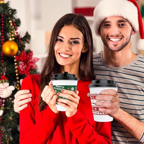 Miniatura 7 de 60 juegos de tazas de café desechables de Navidad con tapas y mangas, tazas de chocolate caliente aisladas de papel de 12 onzas para suministros de