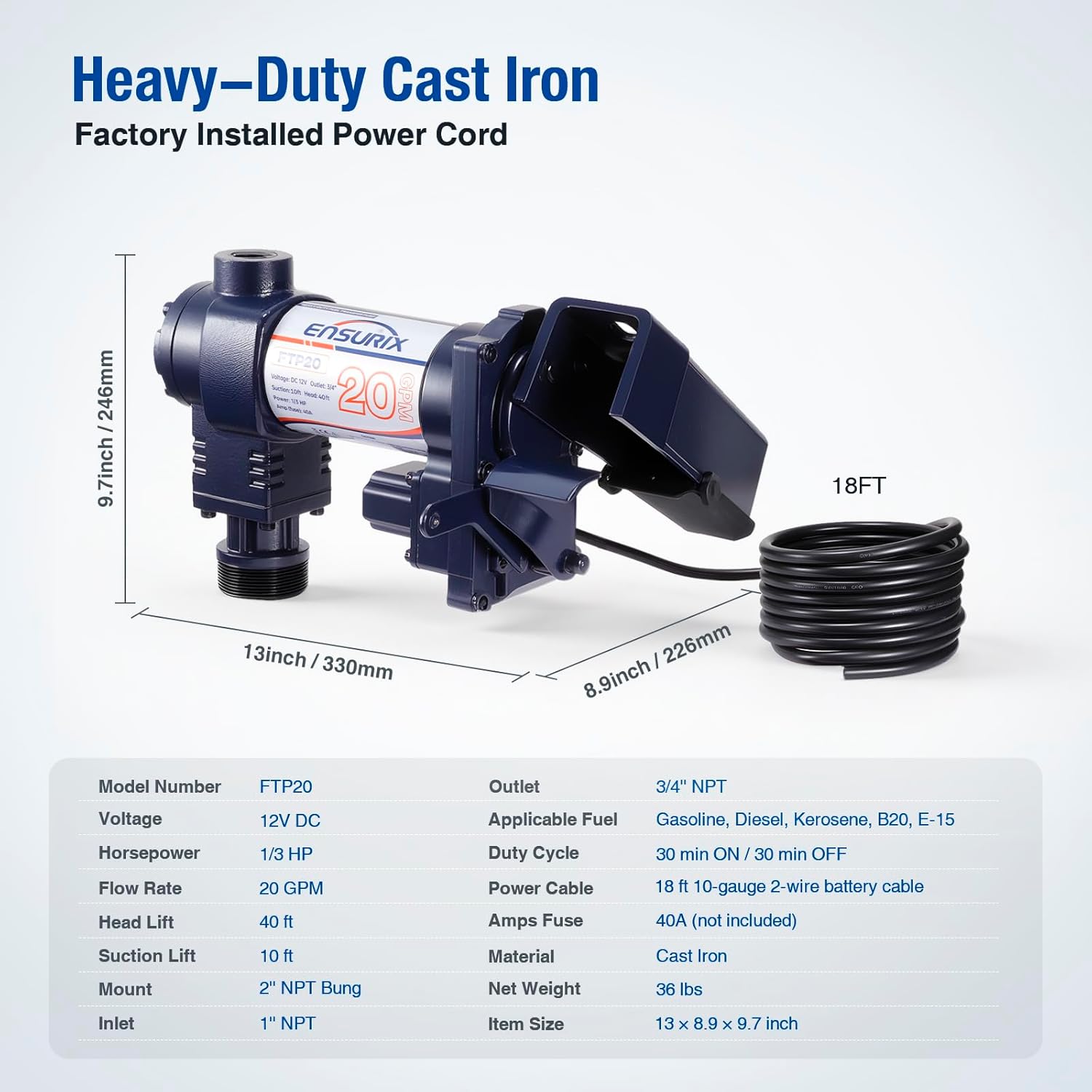 Fuel Transfer Pump 12V 20GPM, Heavy Duty Diesel Transfer Pump for Gasoline & Diesel, Explosion-Proof 12 Volt Transfer Pump Kit with Auto-Shutoff Nozzle, Hose & 2" NPT Mount for Transfer Tank