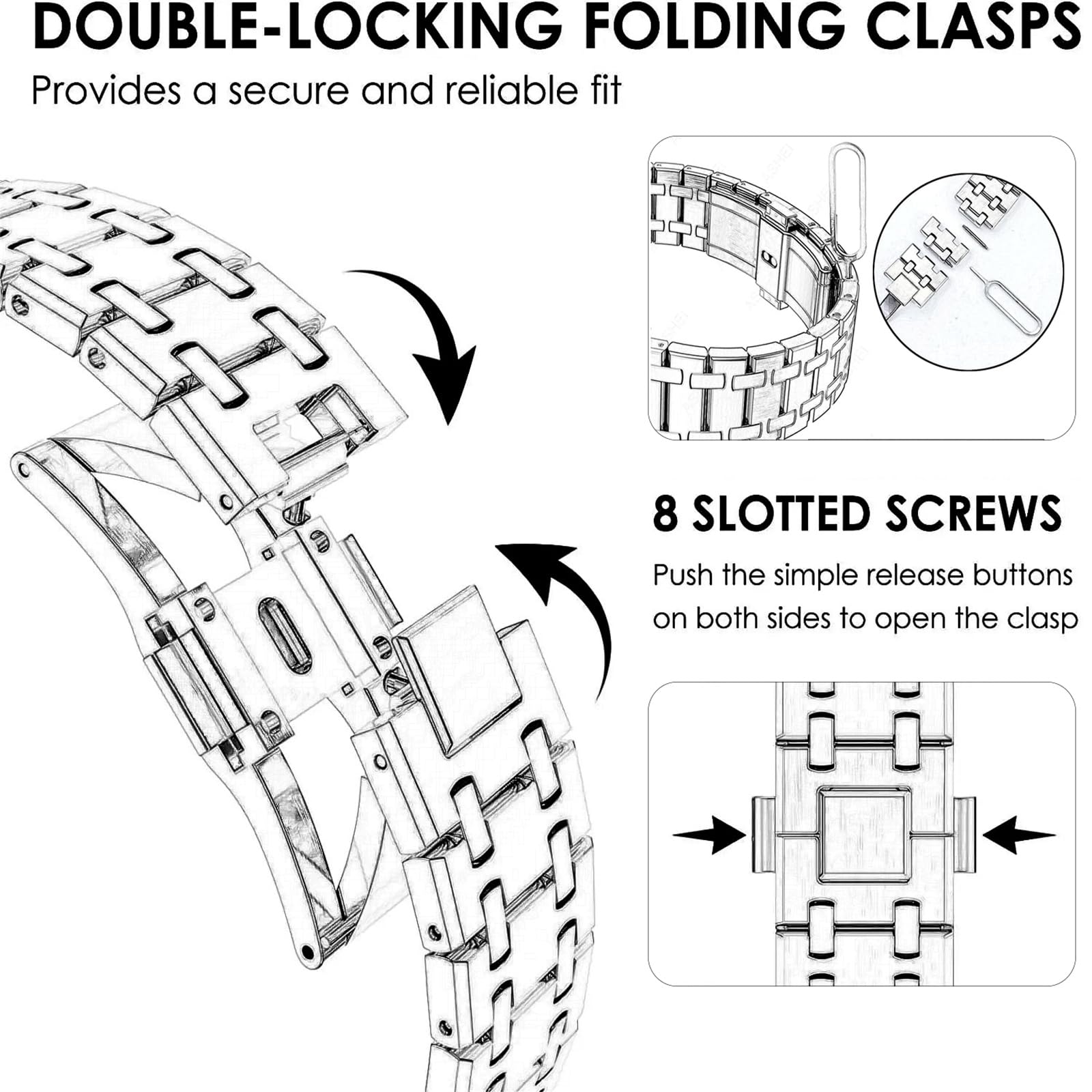 Pasek kompatybilny z Apple Watch 49 mm, 45 mm, 44 mm, 42 mm, 41 mm, 40 mm, 38 mm, ulepszony, metalowy składany pasek ze stali nierdzewnej do iWatch Ultra 1, 2, serii 9, 8, 7, 6, SE, 5, 4, 3,
