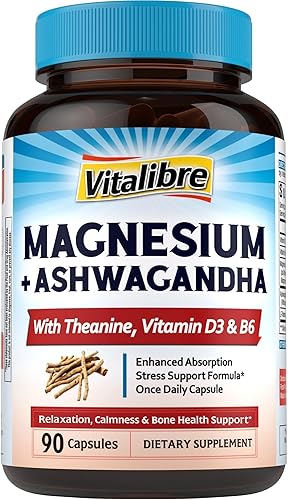 Vitalibre Complejo de magnesio con ashwagandha y L-teanina - Alivio del estrés, apoyo óseo y relajación - con vitamina D3, B6 - glicinato, citrato