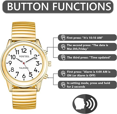 Miniatura 19 de VOYTEL - Reloj de hablar atómico para hombre – Se establece alarma que habla la hora, el día y la fecha para ancianos, problemas de vista o ciegos