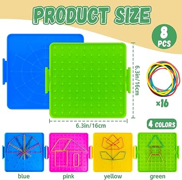8 Pack Plastic Mathematical Manipulative Material Array Block Geo Board with 80 Latex Bands for Kids(4 Colors)