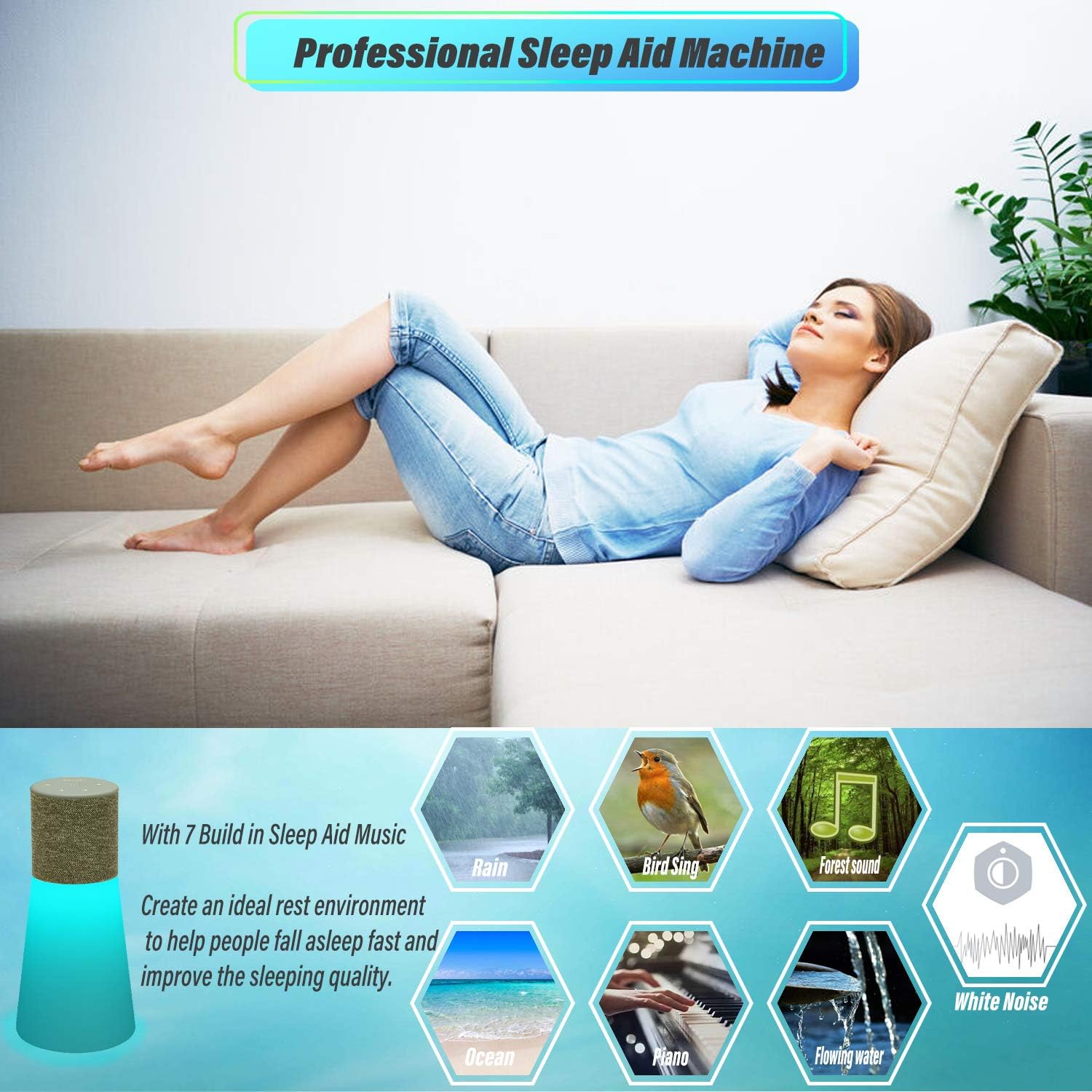 White Noise Machine, Cordless Table Lamp Night Light Rechargeable 7 Sleep Aid Sound Portable White Table Lamp 3 Level Brightness,RGB White Noise Light, Home, Office, Outdoor,Baby Nursery Lamp