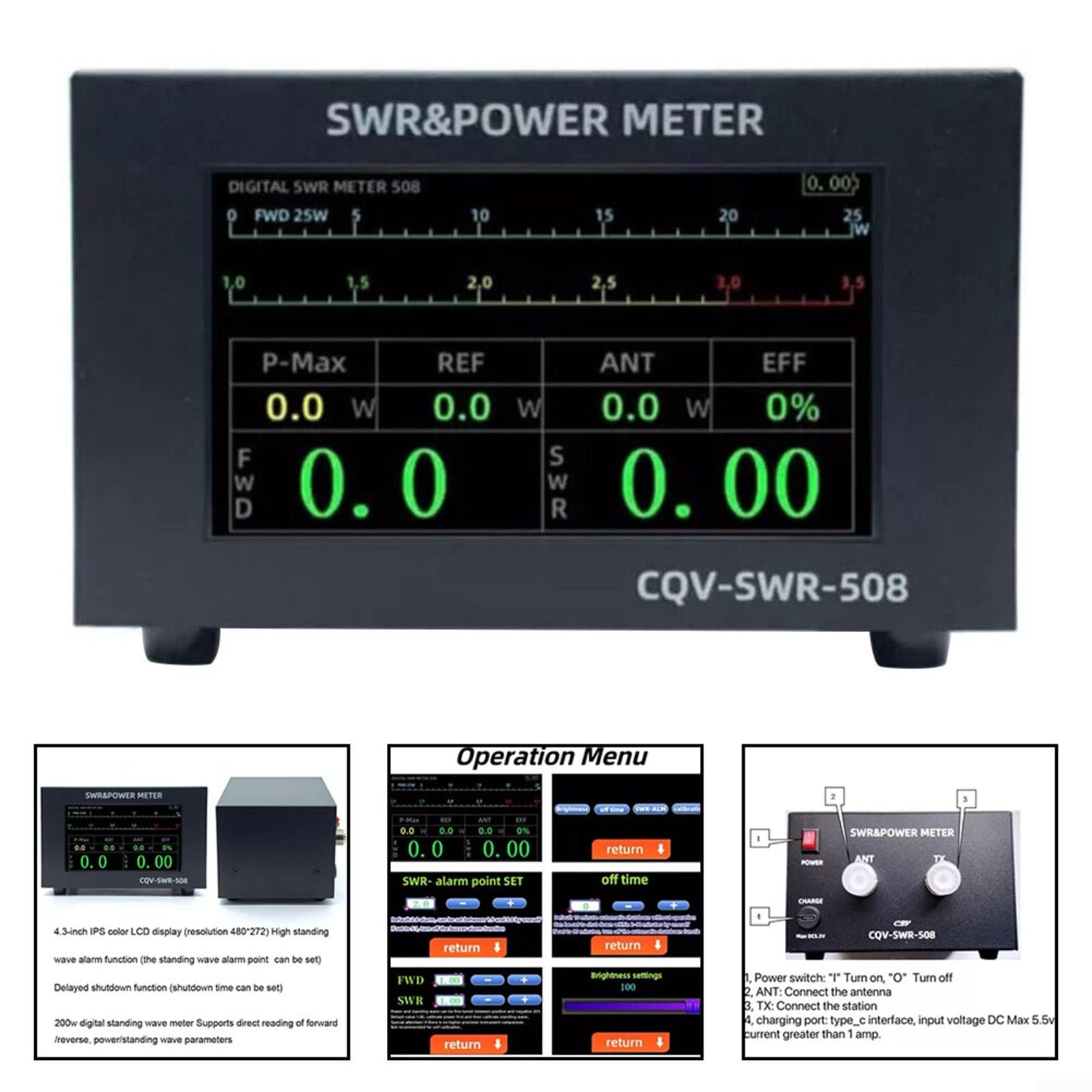 CQV SWR 508 1.8-54Mhz SWR Medidor de potencia 200W Medidor digital de onda estacionaria Medidor de onda estacionaria de onda corta con pantalla LCD