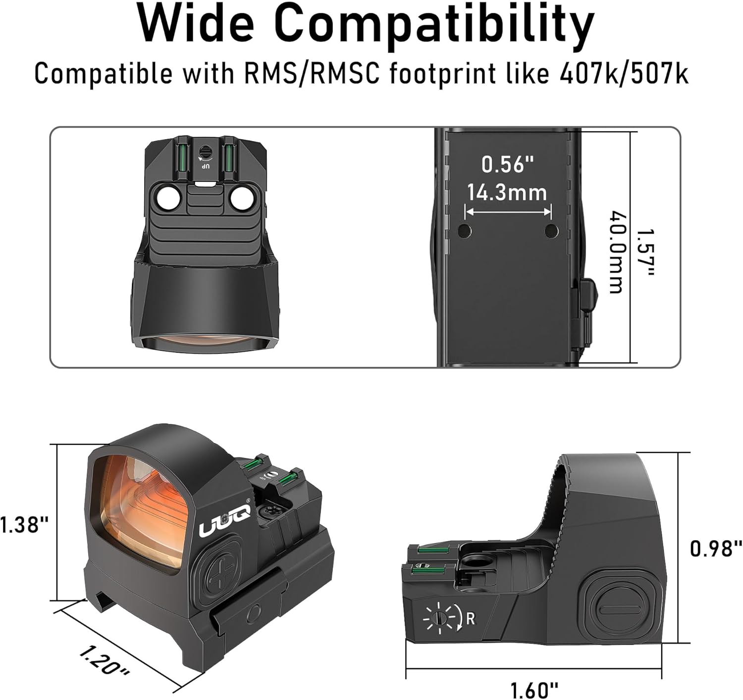 UUQ Mini Reflex RMS/RMSc Red Dot Sight with Fiber Optics,2MOA,10 Brightness Adjustments Motion Awake Red Dot Scope for Rifles, Pistols and Shotguns,Suitable for RMSc and 20mm Picatinny Rail