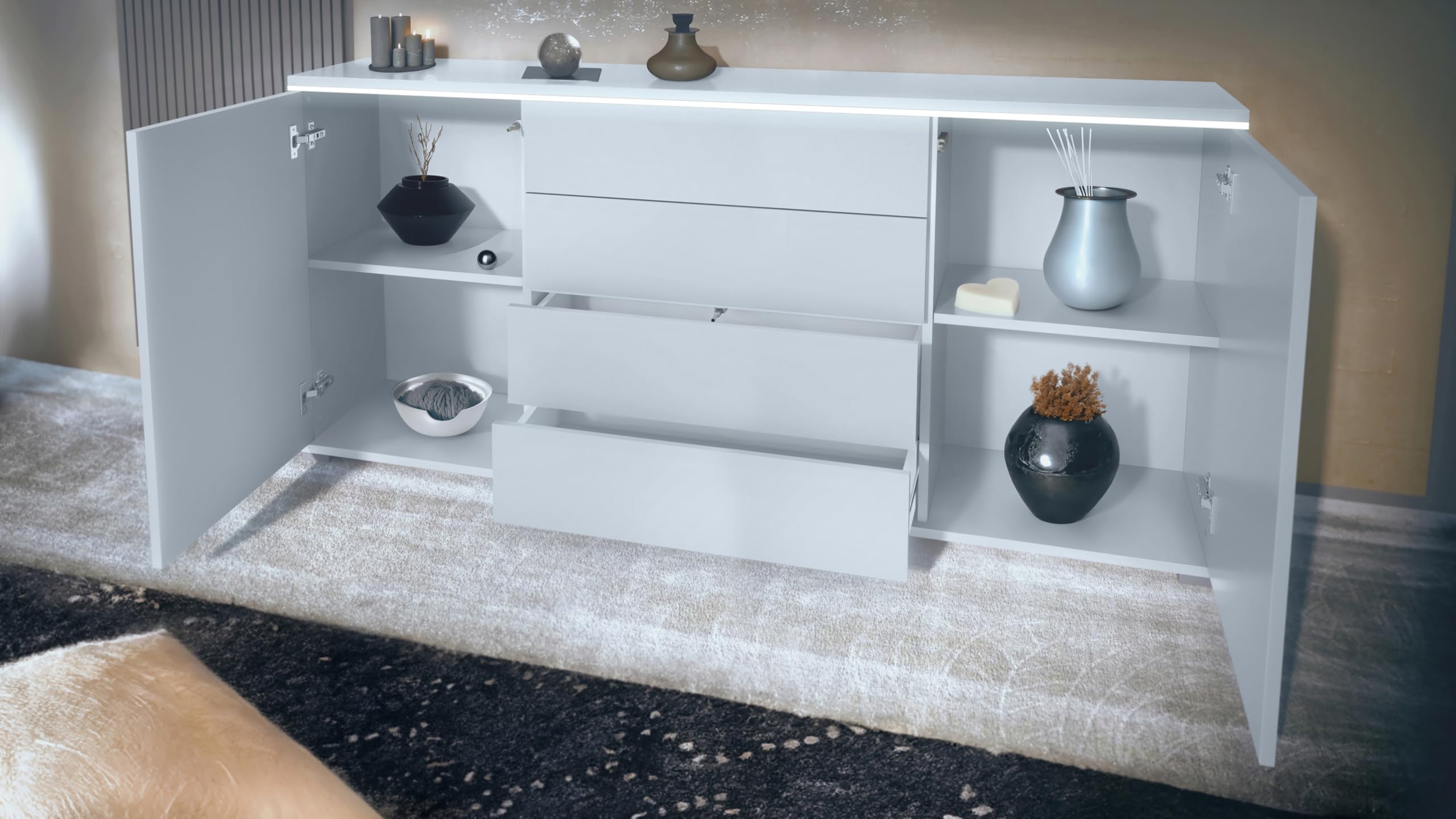 Vladon Sideboard Faro V2 - Kommode mit 2 Türen & 4 Schubladen, Schrank mit LED Lichtleiste, Weiß matt/Eiche Natur (166,5 x 75,5 x 35)