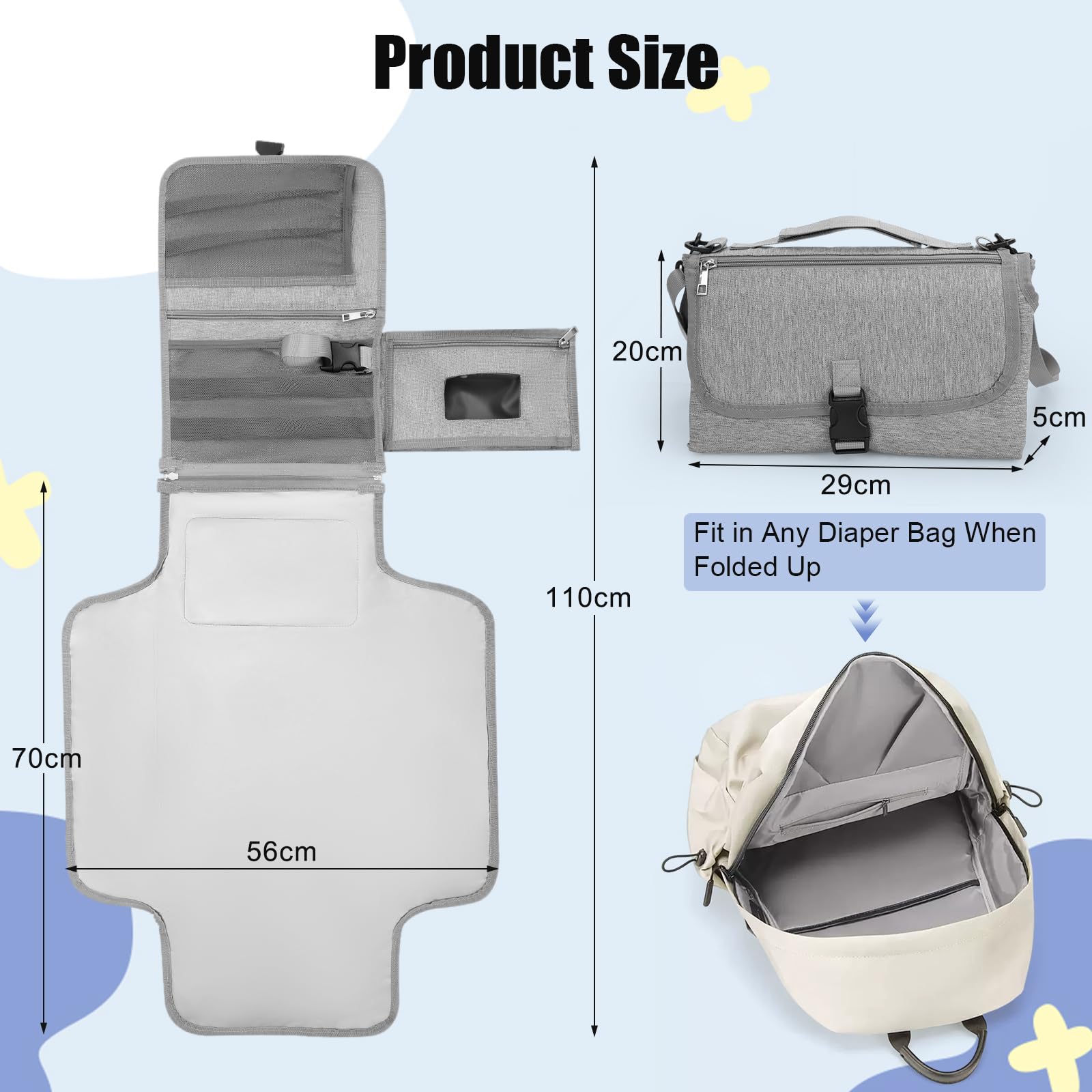 Romon Fasciatoio Portatile, Fasciatoio Viaggio Pieghevole Impermeabile Borsa Materassini Composta da 4 Tasche Insieme a un Dispenser di Salviette, Accessori Utili, Grigio