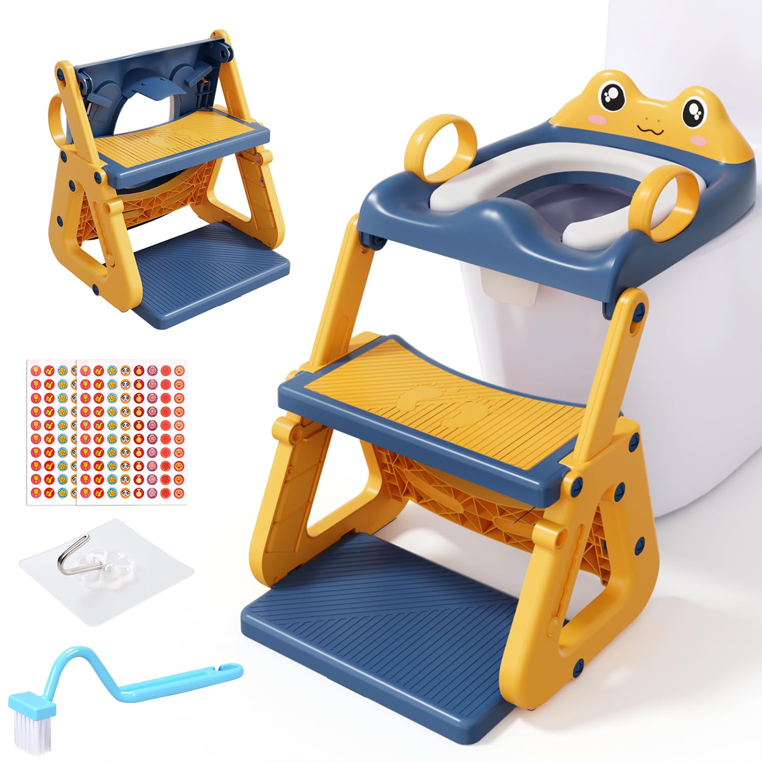 Reducteur Toilette Enfant avec Marche,Stabiliser Rehausseur Toilette Enfant avec Structures Triangulaires,Adaptateur Toilette pour Enfants Garçons et Filles,Antidérapant et Pliable,Bleu