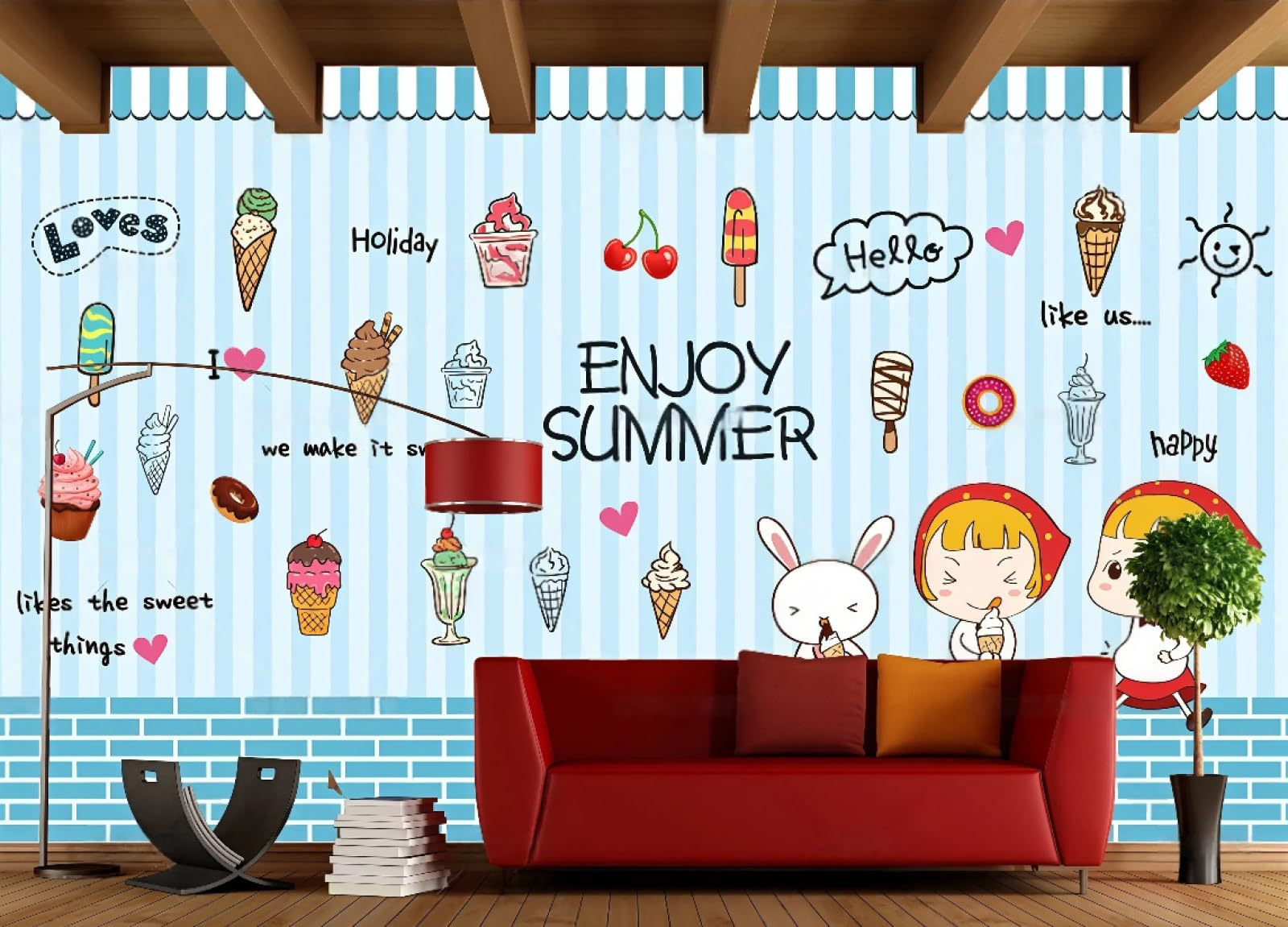Papier peint dessin animé rayé 3D avec motifs pâtisserie et bar restaurant