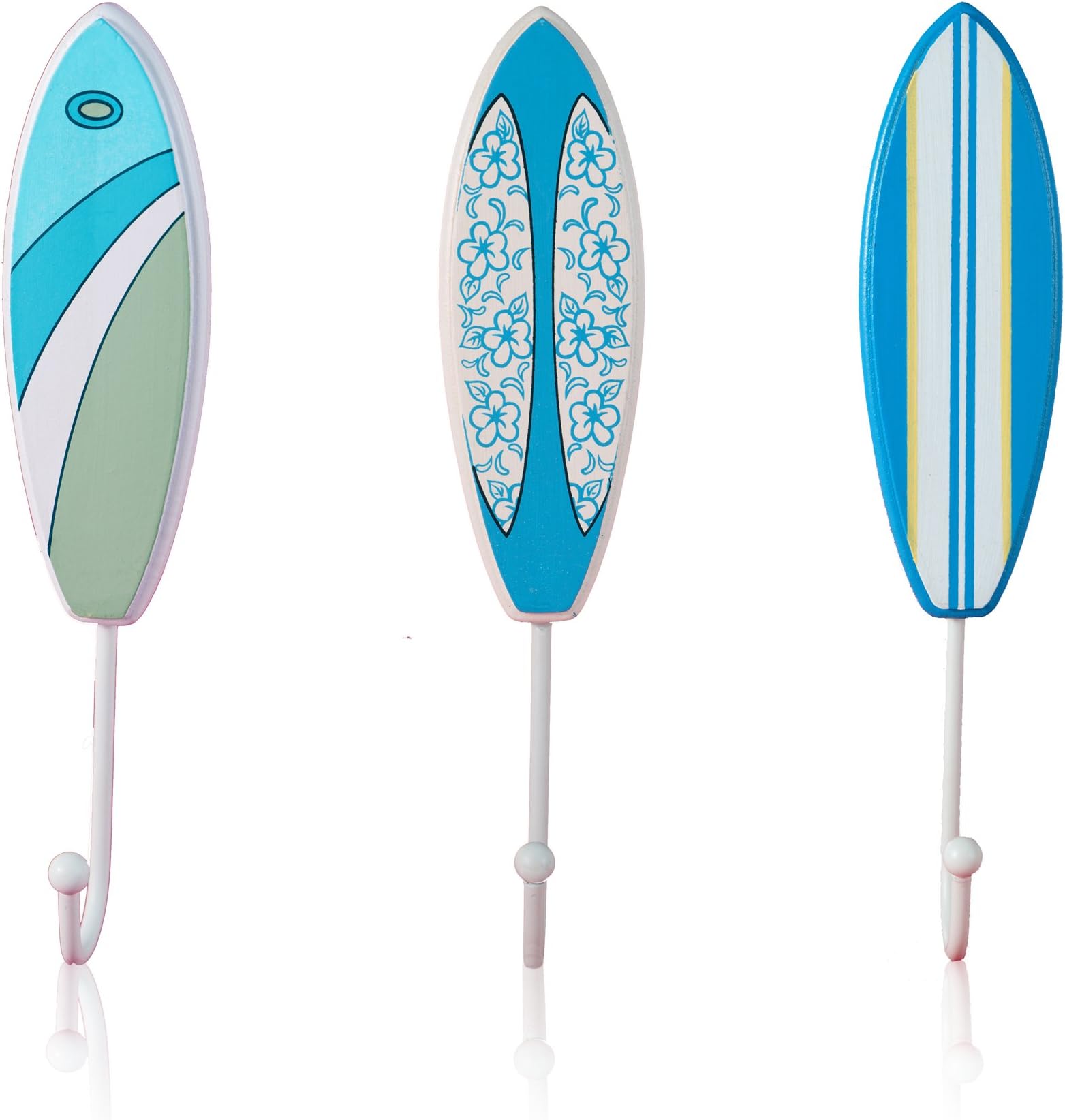 Tumbler Home Tropical Surfboard Wall Hooks – Set of 3 – Blue/Green/White Theme – 9” Tall