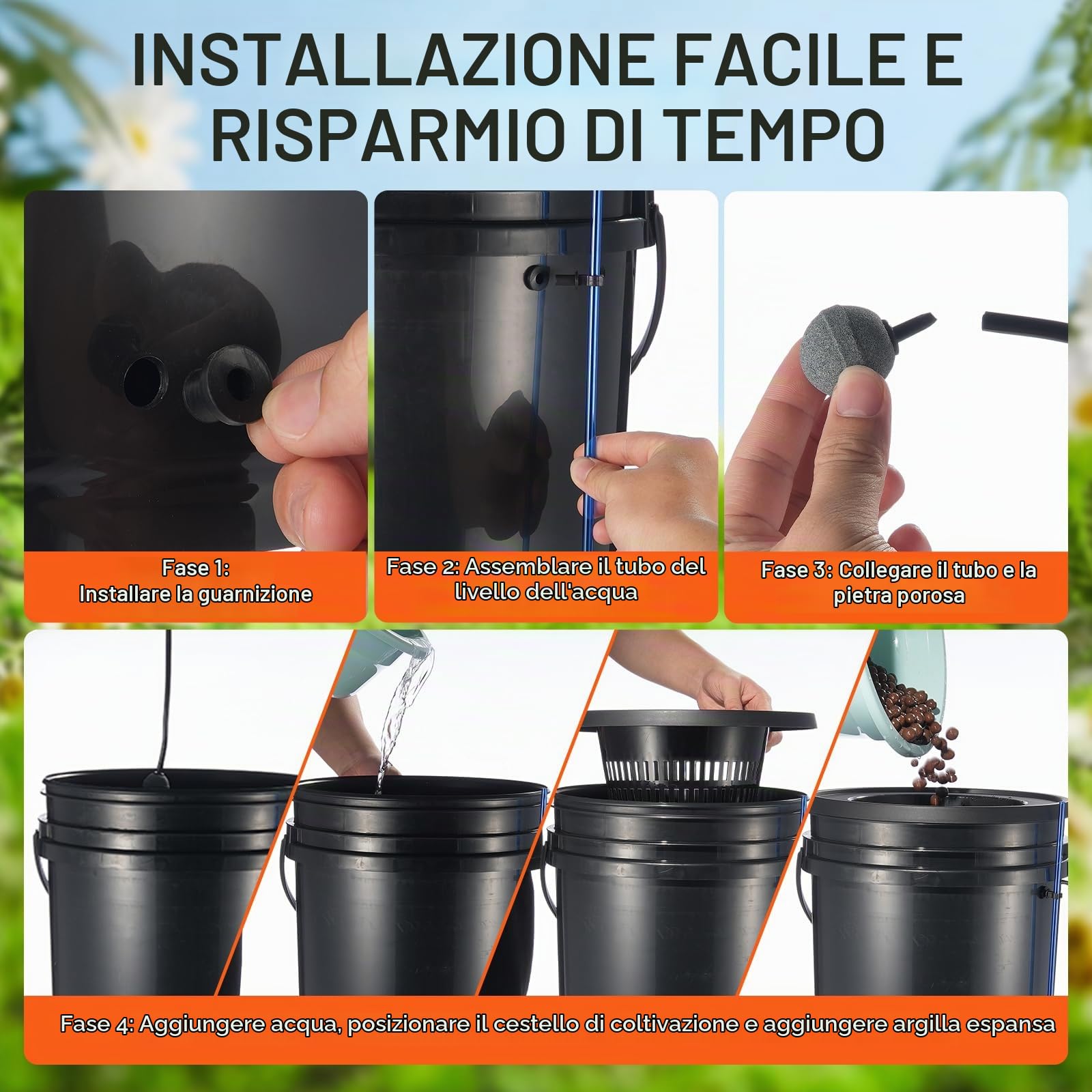 VEVOR DWC Sistema di Coltivazione Idroponica, Kit Top Drip, Coltura in Acque Profonde da 20 Litri, 4 Secchi, con Pompa ad Aria, Pietre porose, Dispositivo di Livello dell'Acqua, per Verdure in Foglia