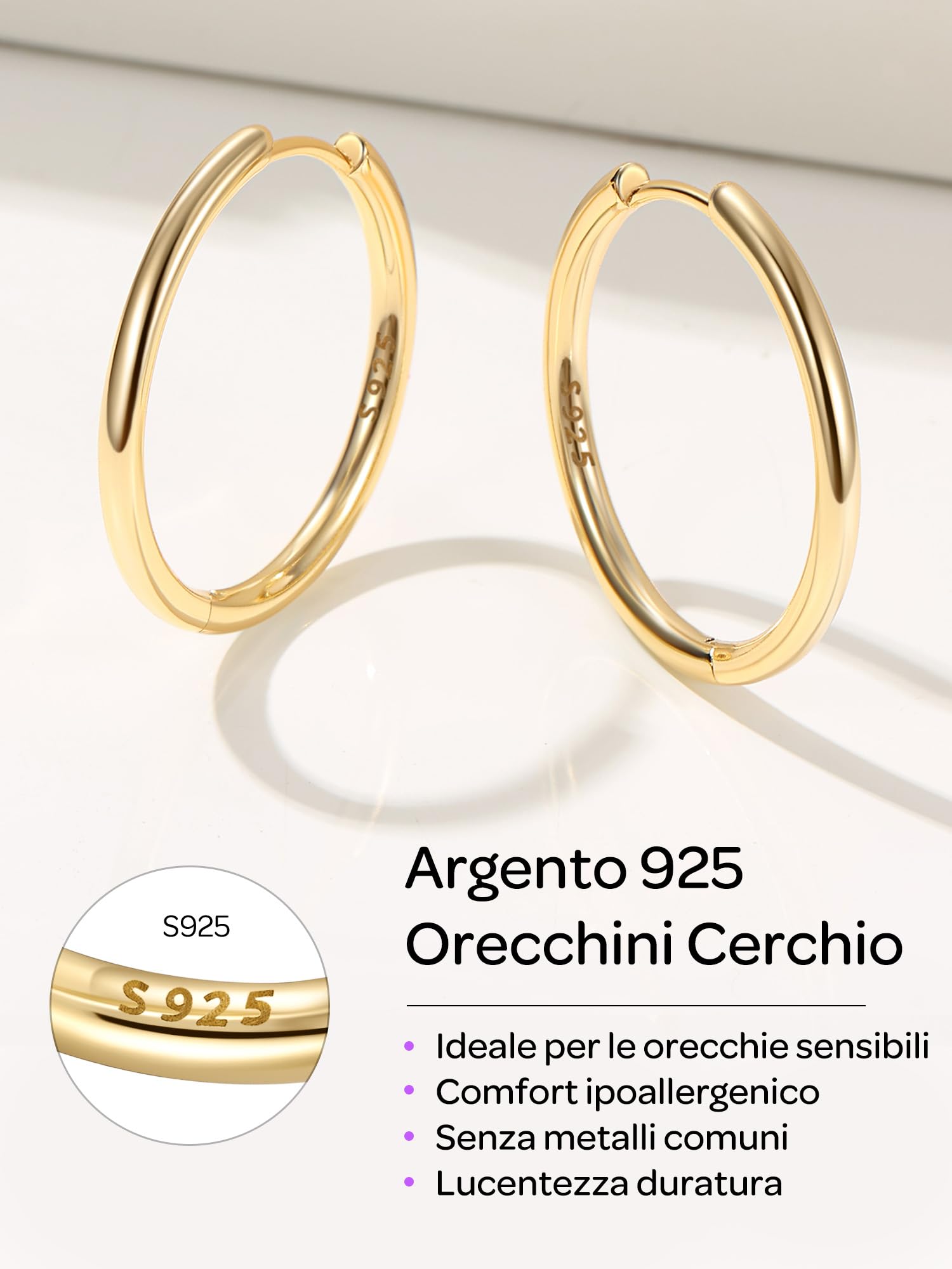 ChicSilver 8-20mm Orecchini a Cerchio Donna Argento 925 Nero Oro Rosa | argento 925 delicato sulla pelle e anallergico; design semplice e classico, brillante, elegante,intramontabile e versatile