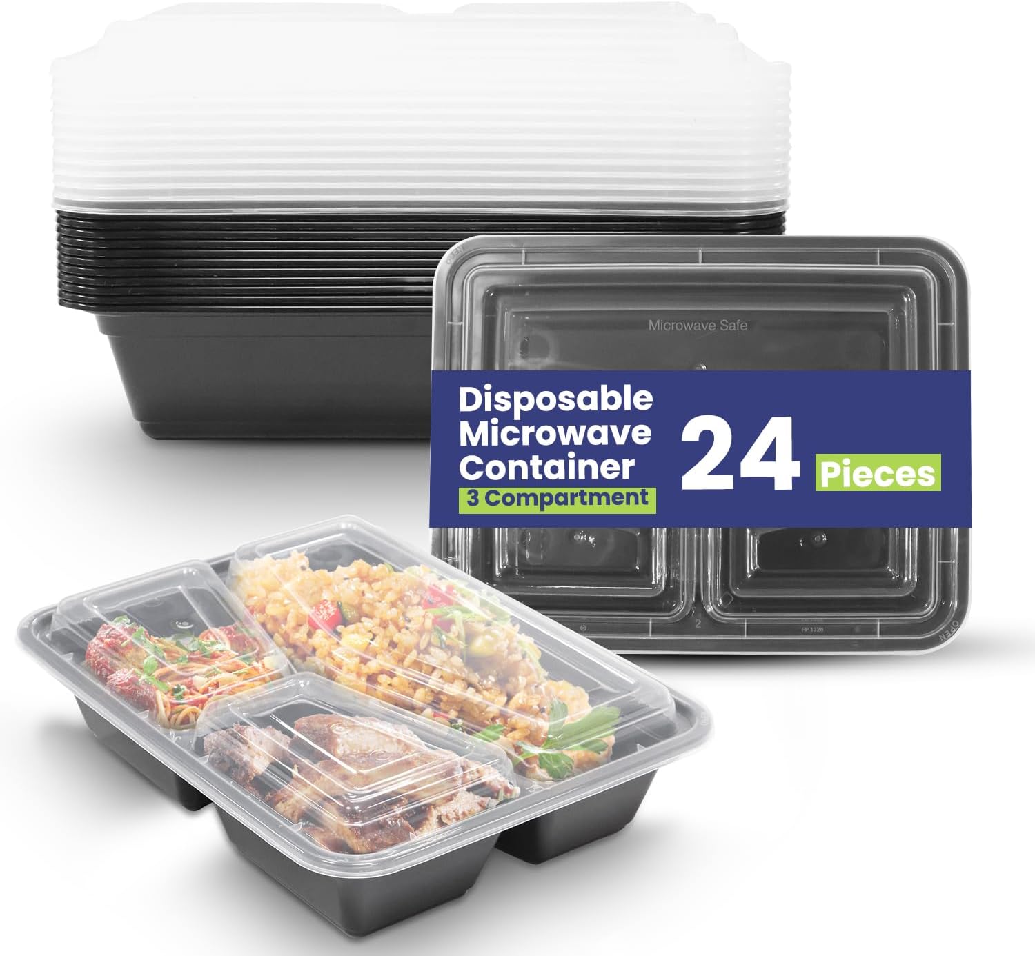 SNH Packing 24 Pieces Microwave Disposable Container With Lid Rectangular - 3 Compartment Meal Prep Container Set - Plastic Container For Kitchen Food Storage - Take Away Containers For Lunch Boxes