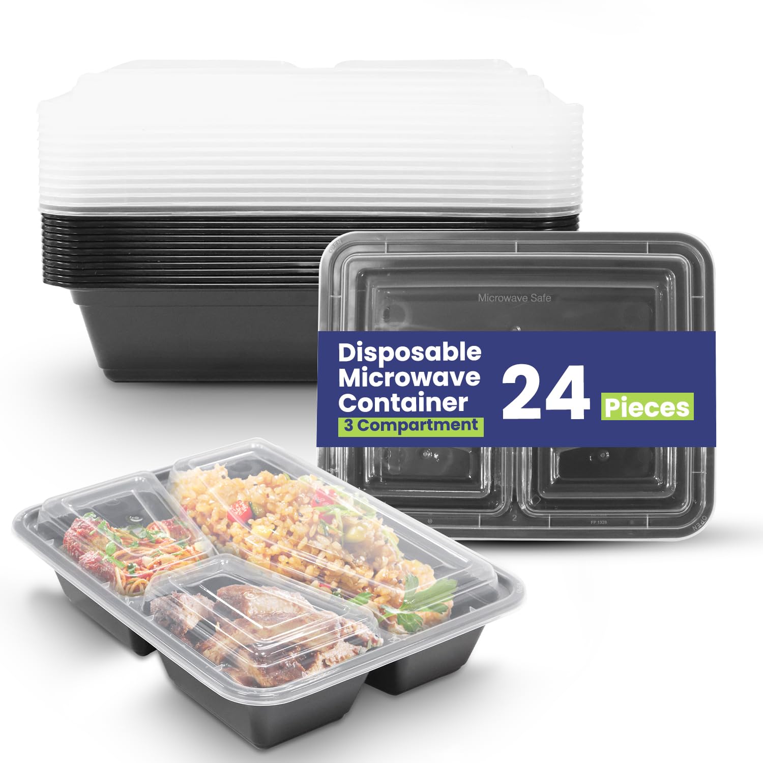 SNH Packing 24 Pieces Microwave Disposable Container With Lid Rectangular - 3 Compartment Meal Prep Container Set - Plastic Container For Kitchen Food Storage - Take Away Containers For Lunch Boxes