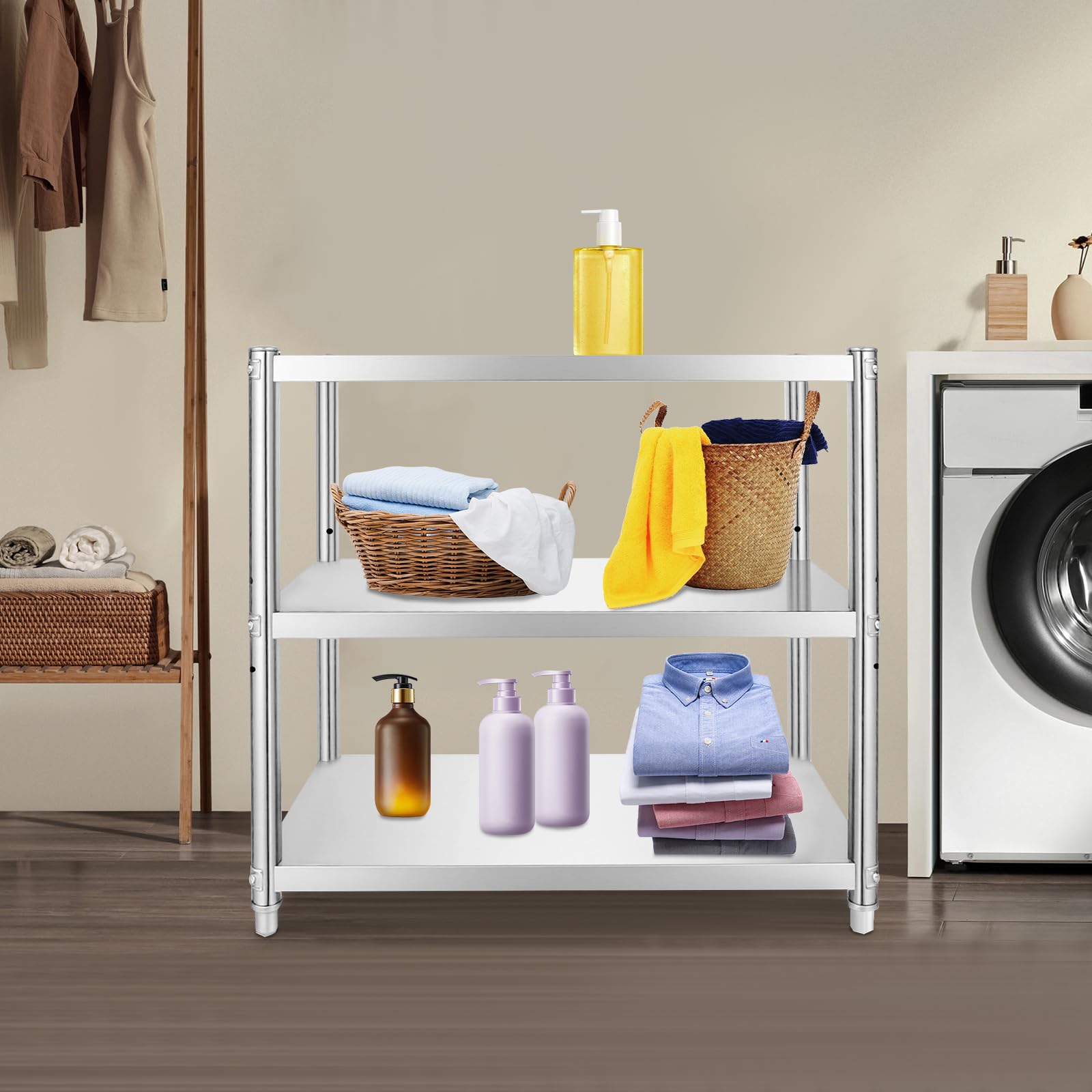 Scaffalatura in acciaio inox a 3 ripiani, in metallo e acciaio inox, distanza tra strati regolabile, scaffale in metallo, per cucina, commerciale, ufficio, garage, stoccaggio, 80 x 80 x 40 cm