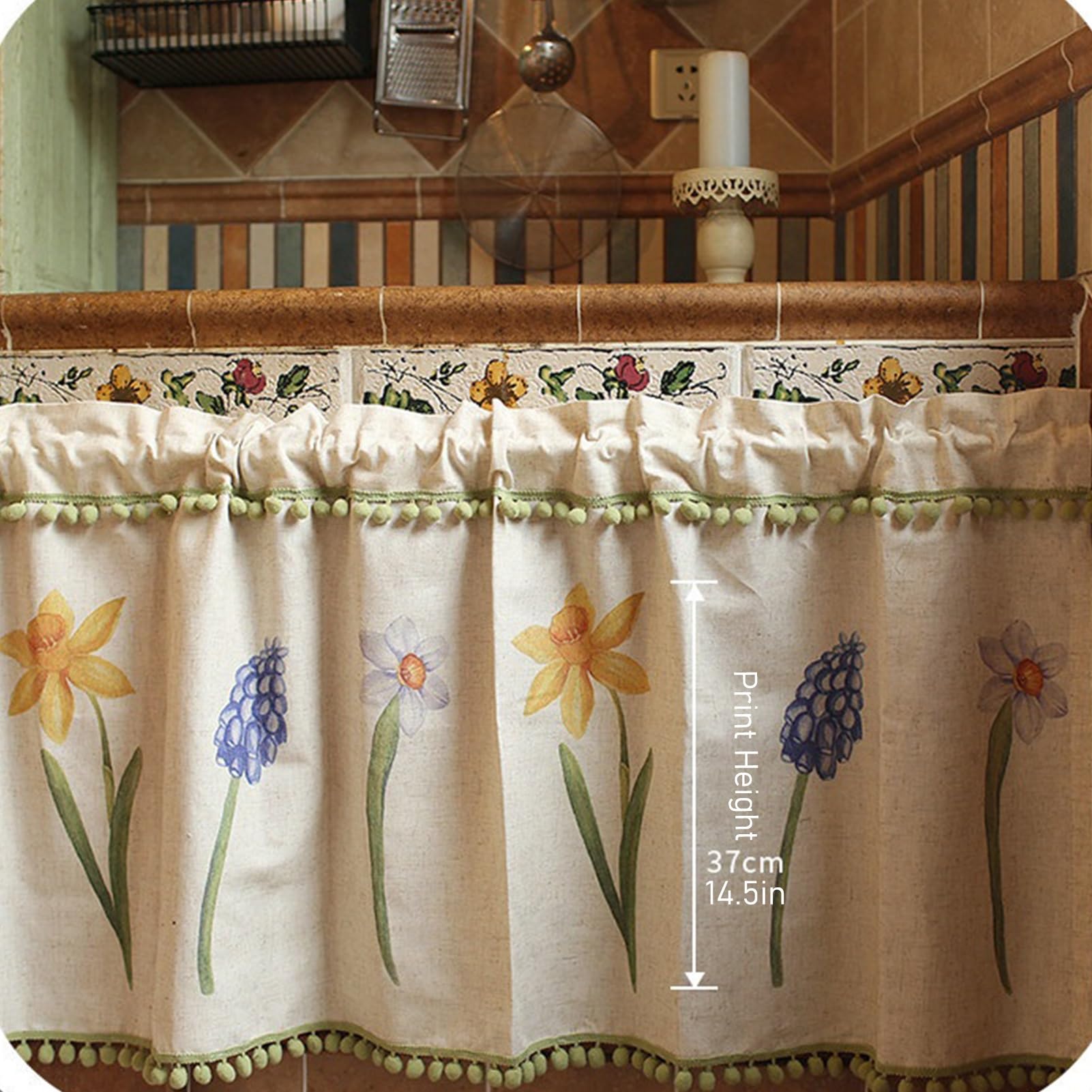 Rideaux Courts Demi-FenêTre Cuisine, Rideaux Occultants Camping-Car | Tissu Imprimé Beige, Franges de Boules de Fourrure Vertes, Rideaux Café, Pour Sous-sols(W53xh49.2in/w135xh125cm)