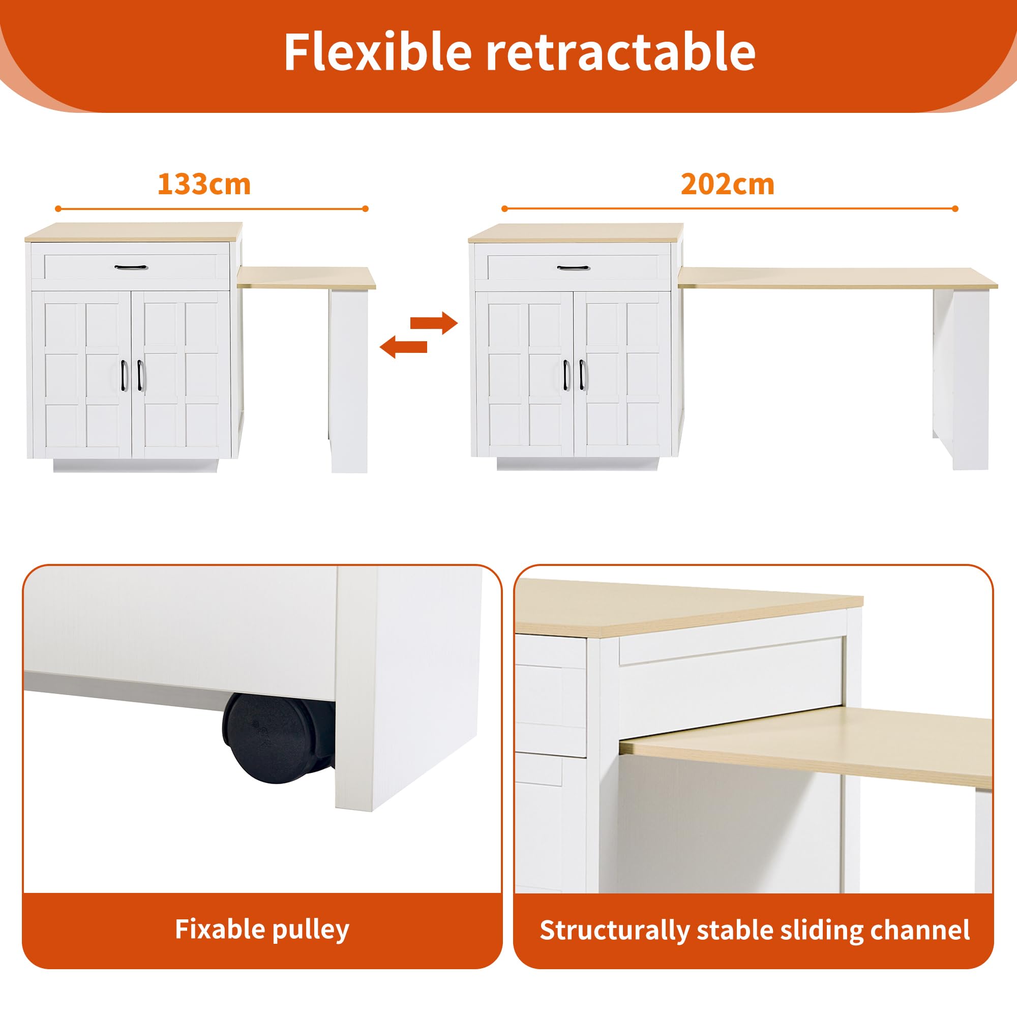 Zepneiy Table a Manger Extensible avec Espace de Rangement, Desserte Cuisine avec Deux tiroirs et Quatre Compartiments, Table Extensible pour îlot de Cuisine Blanc (133-202 × 70 × 93,5 cm)