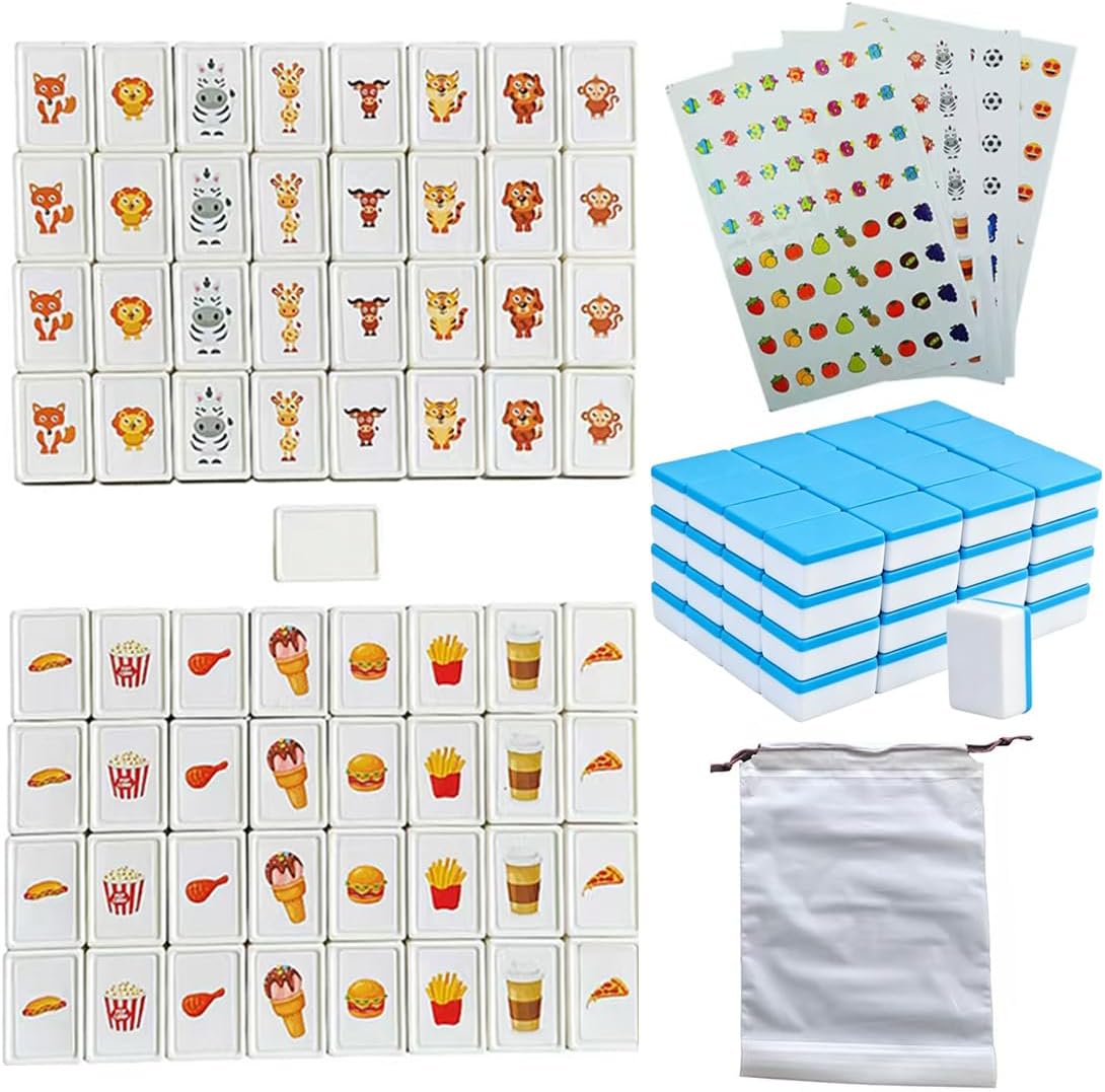 Simple Packaging, 65 Tiles 30mm Seaside Game Blocks, Plastic Material, Escape Game Set, with 4 DIY Stickers, Plastic Mahjong Style, Family Board Games for Kids and Adults (Blue)