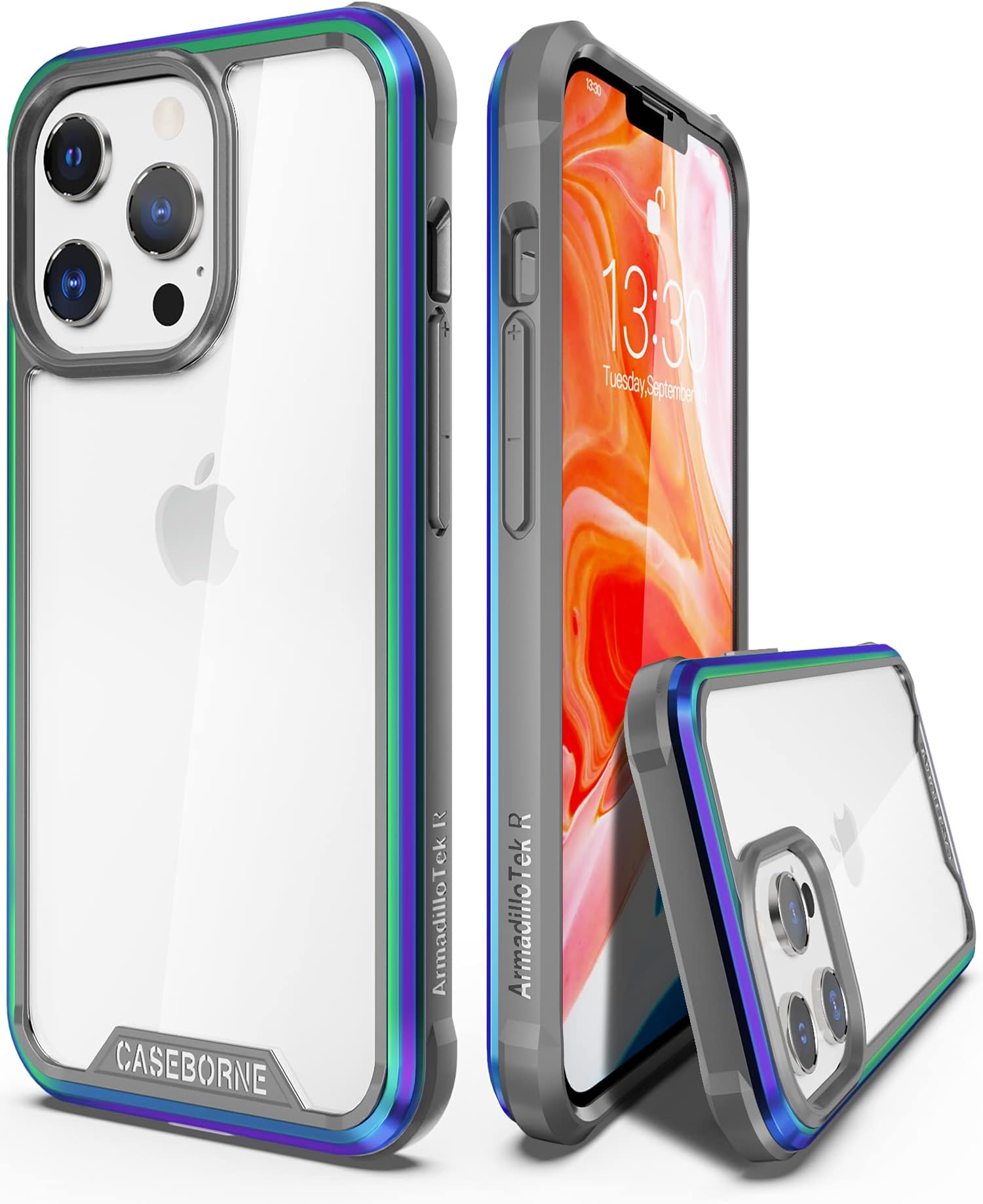 CaseBorne R Compatible with iPhone 13 Pro Max Case - Shockproof Protective Clear, Military Grade 12ft Drop Tested, Durable Aluminum Frame, Anti-Yellowing Technology - Iridescent