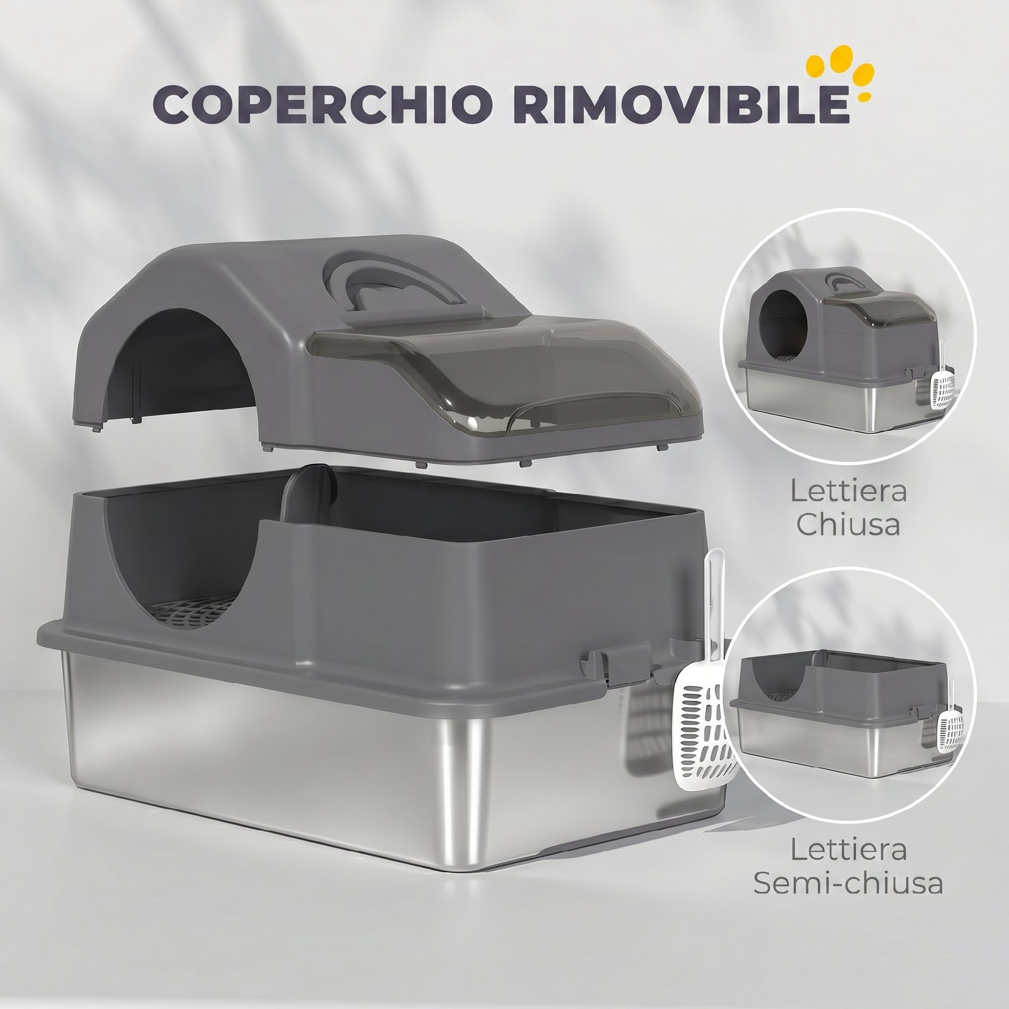 PawHut Lettiera Gatto Chiusa XL in Acciaio Inox 60.5x40.5x45cm Grigio Scuro | Con Coperchio, Toilette per Gatti 36L con Pareti Alte, Paletta, Tappetino Raccogli-sabbia