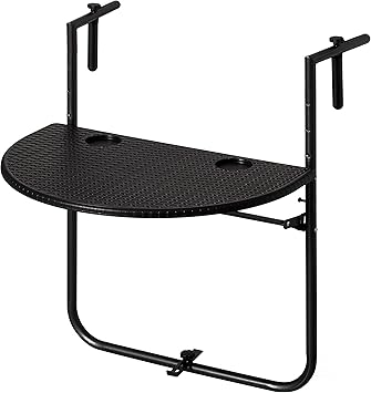 Gardenised, Indoor and Outdoor Rattan Decorative Foldable Balcony Hanging Table, Railing Bar Serving Table, Adjustable Hight 3-Level, Balcony and Garden Deck, Rust Proof Black