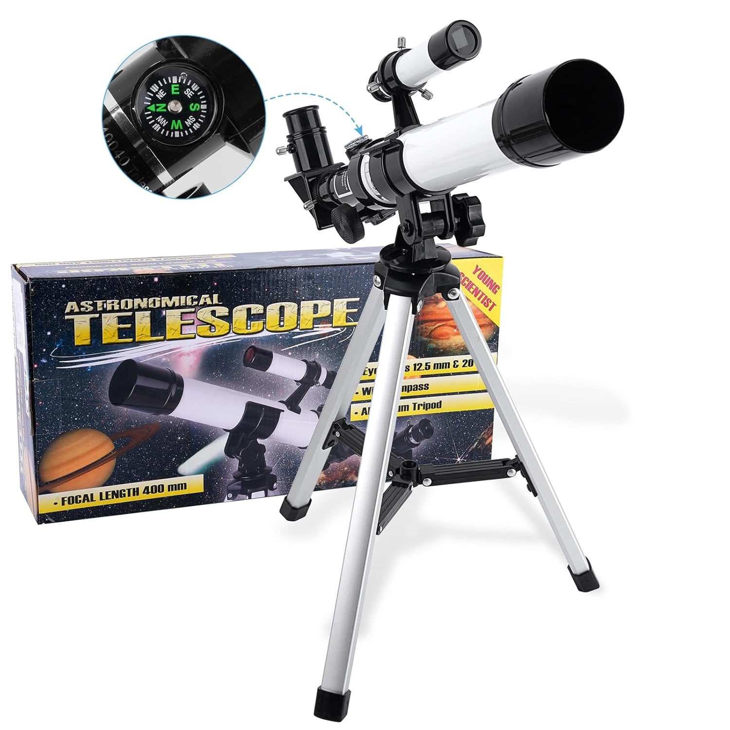Telescope for Kids & Beginners Adults 40/400mm Astronomical Telescopes Refractor with Finder Scope Compass and Tripod