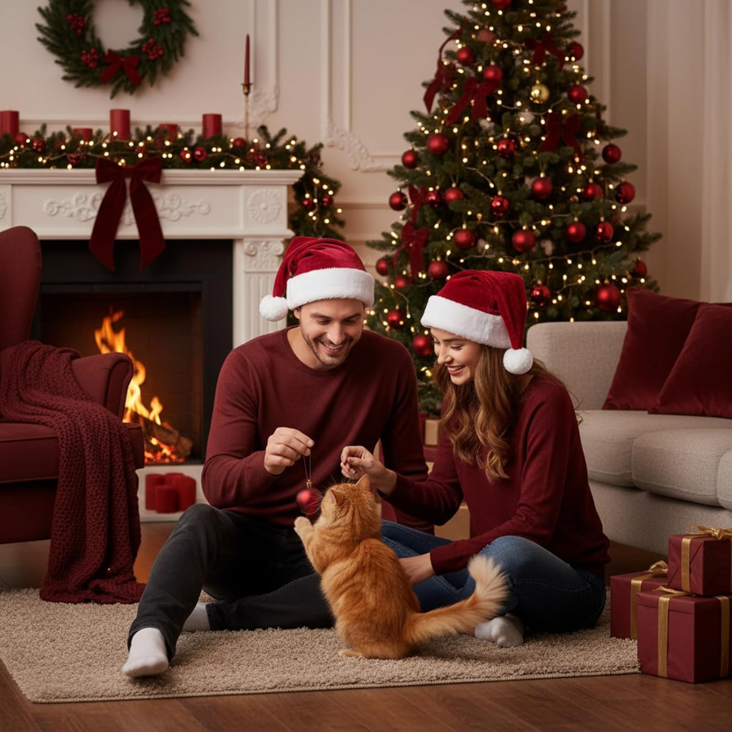 Cozypower 6 Pack Burgundy Santa Hats, Velvet Extra Thicken Plush Christmas Hat for Adults Xmas New Year Party(Short Style)