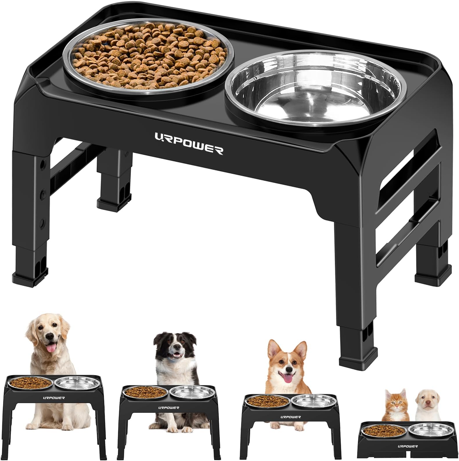 URPOWER 4 Height Adjustable Elevated Dog Bowls - 50oz Large Capacity Stainless Steel Bowls, No-Spill Edge, Non-Slip Stand for Small, Medium, Large Dogs & Pets