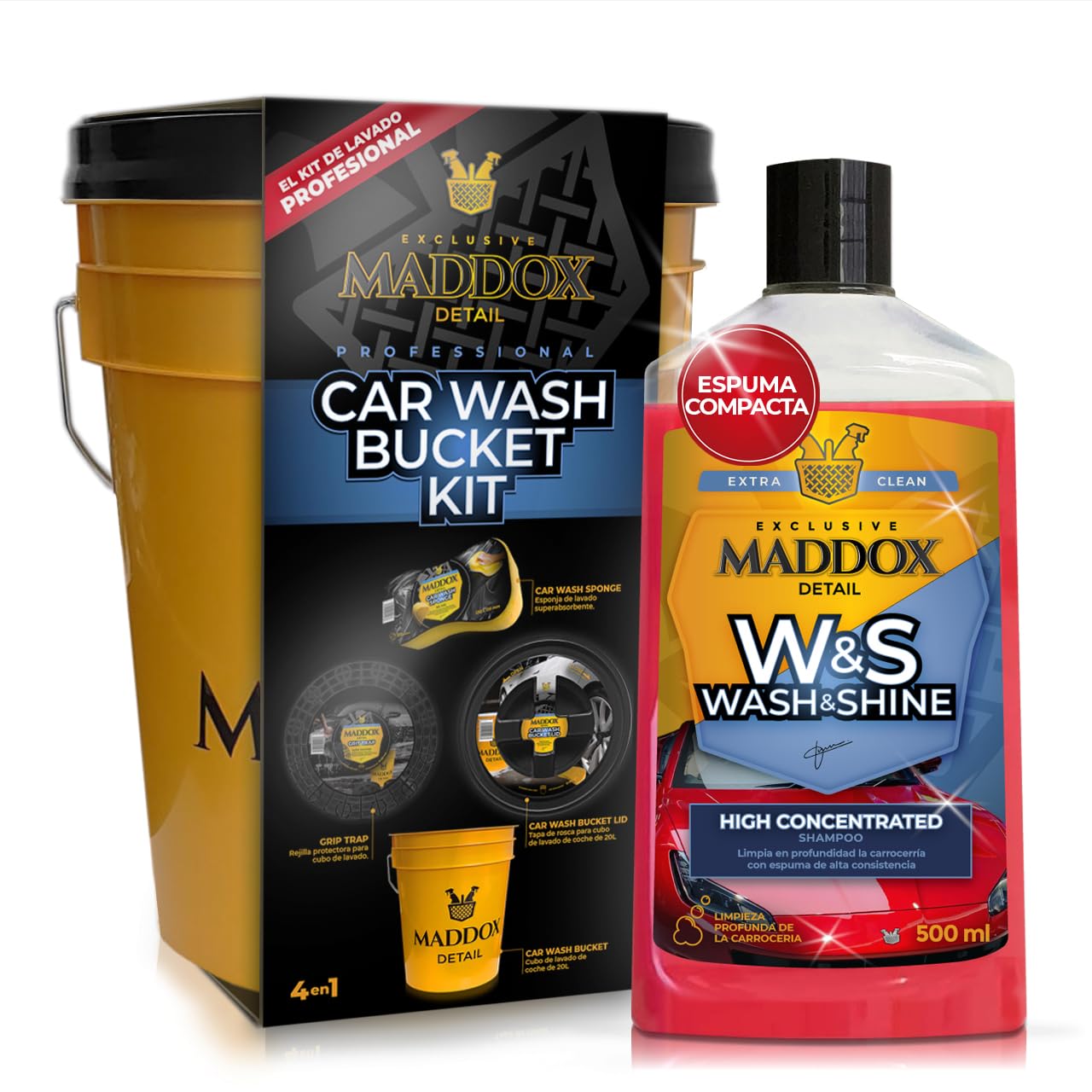 Maddox Detail - Kit Completo de Lavado para Coche | Incluye Champú Wash & Shine, Cubo con Tapa, Rejilla y Esponja | Espuma Activa y Brillo con Cera
