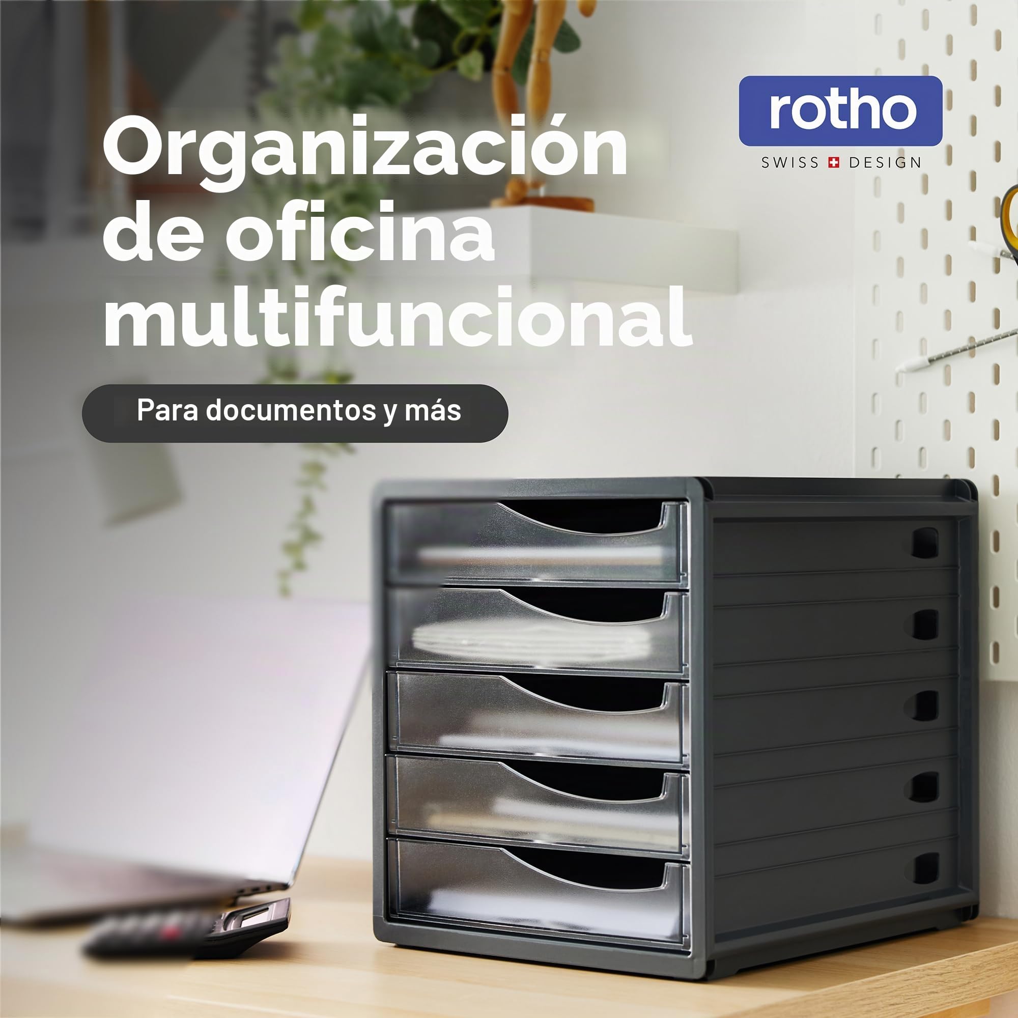 Rotho Spacemaker - Cajón/Caja de Oficina con 5 Cajones, Plástico (PS) sin BPA, Transparente/Negro, 33.5 x 28.5 x 32.0 cm
