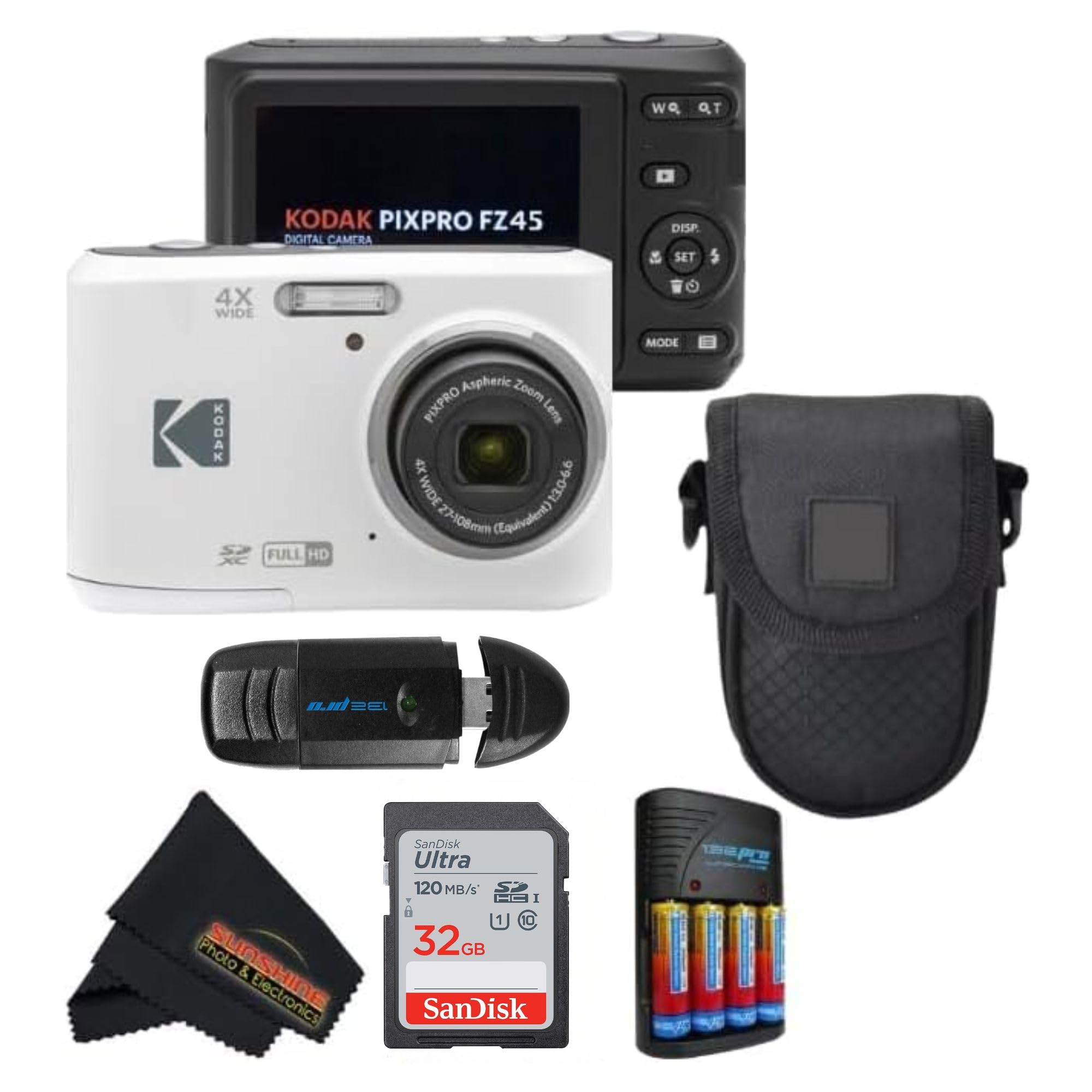 KODAK PIXPRO FZ45 16MP CMOS Sensor Digital Camera 5X Optical Zoom with Sunshine Photo Microfiber Cleaning Cloth (Advanced Bundle, White)-image-0