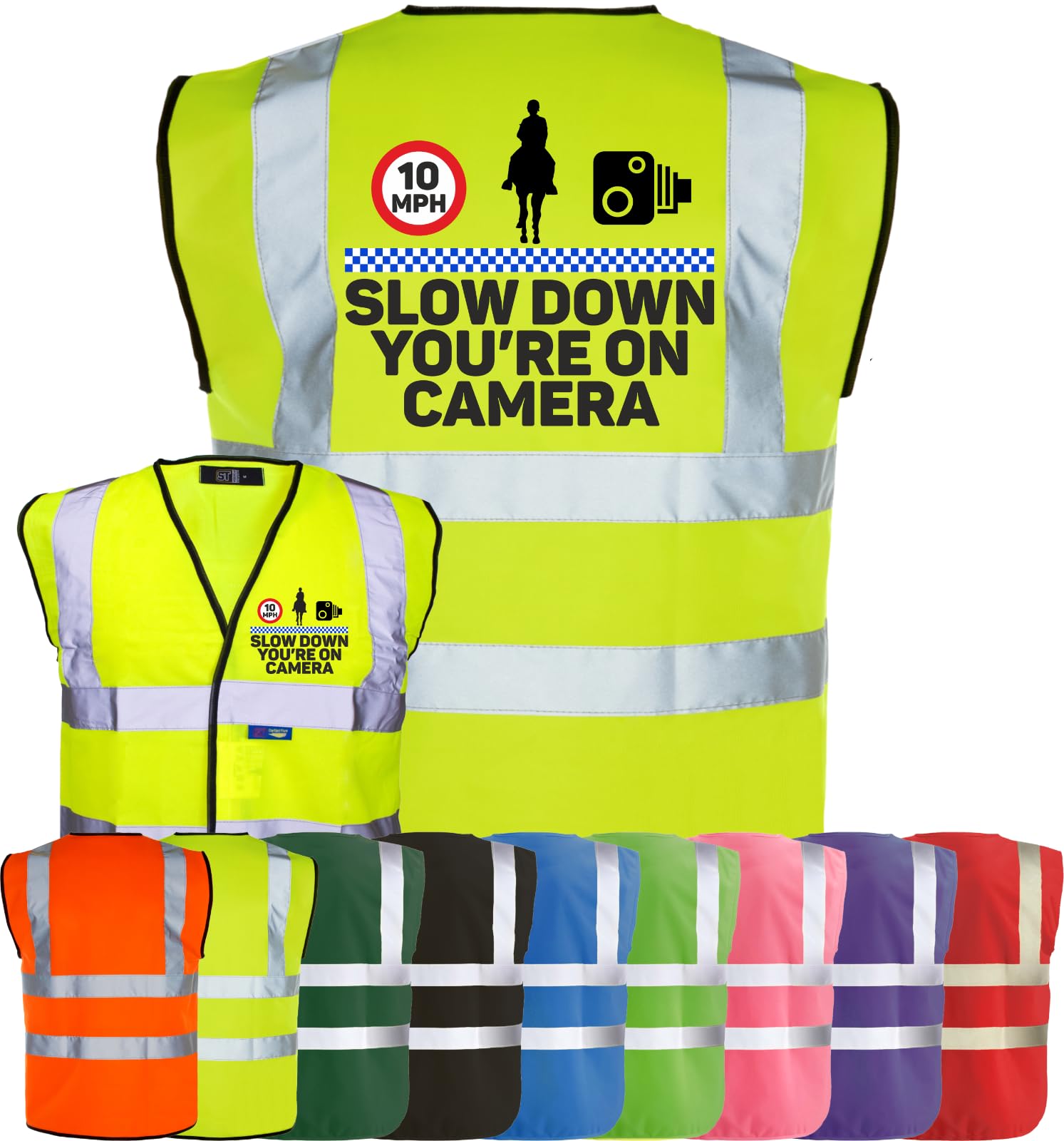 Corporate Togs Equine Hi Vis Waistcoat Vest - SLOW DOWN YOU’RE ON CAMERA Print, Safety Apparel, EN IS0 20471 Class 2 Compliant | Hi Vis Vests for Adults — image 1