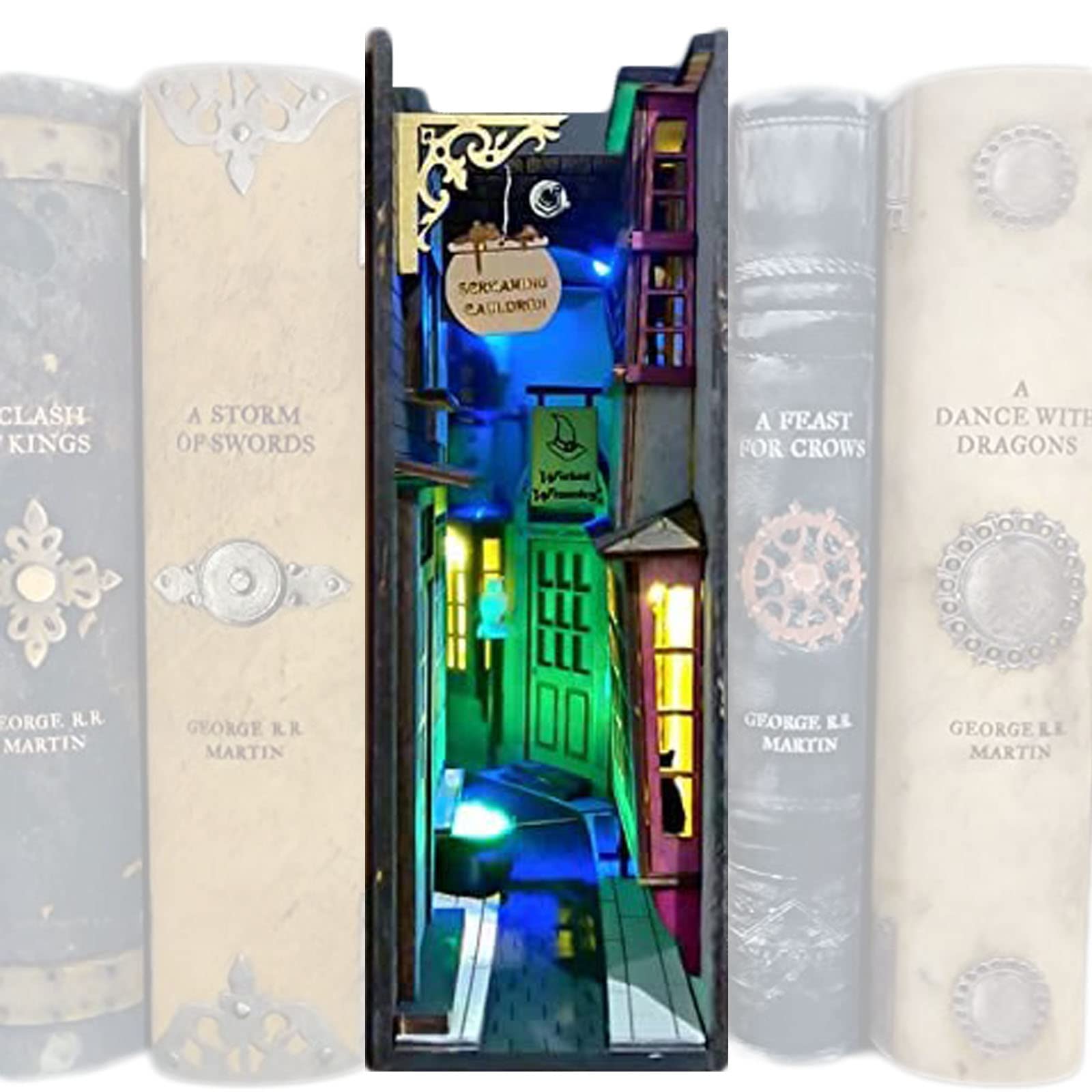 KFGJ Sujetalibros de Madera, Madera Book Nook Inserciones Art Sookends con Luz LED, Casa de Muñecas Construcción de Modelo de Esquina de Libro de Sujetalibros de Madera